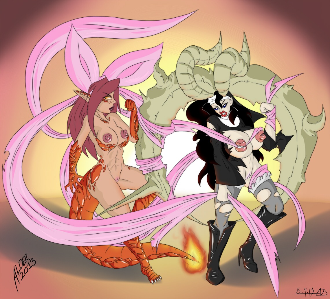 2013 aldergames anthro areola big_breasts breasts clothing colored corruption_of_champions duo e621 erect_nipples female fight genitals helia_(coc) horn human lizard mammal nipple_mouth nipples nude nun possession reptile scalie scylla_(coc) torn_clothing vulva