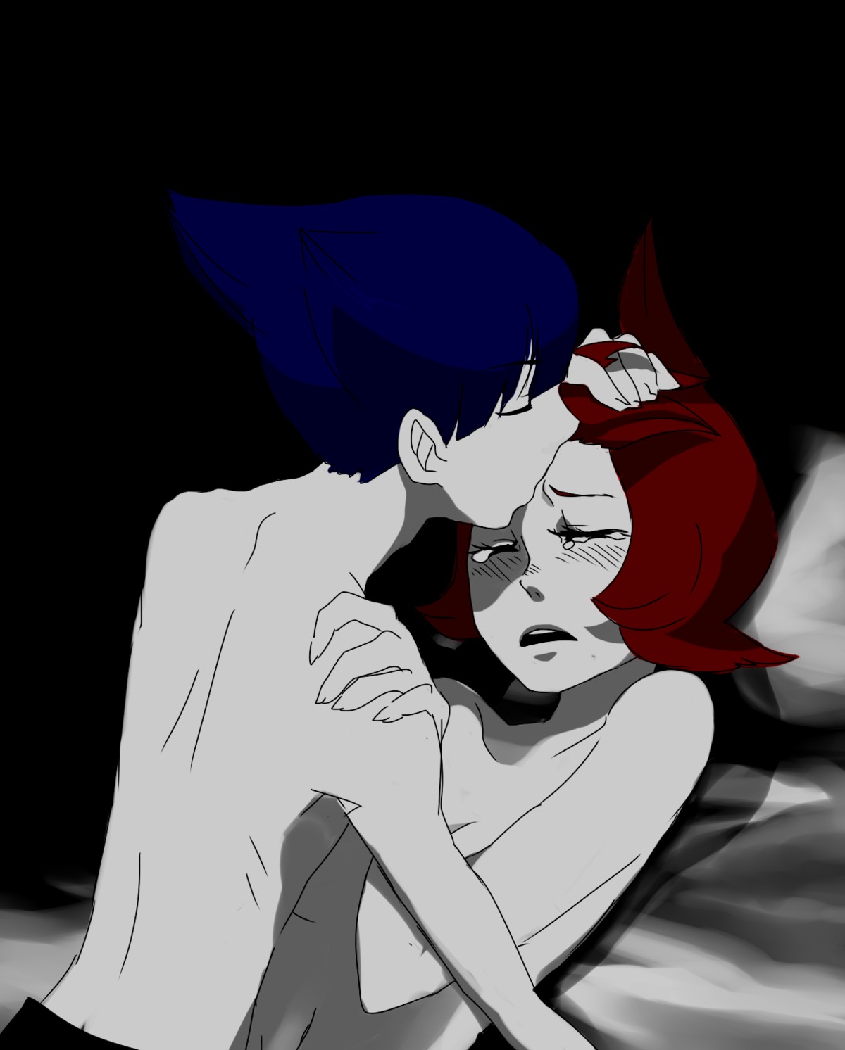 blue_hair blush closed_eyes crying human human_only kissing lying male male_on_top mars_(pokemon) pokemon red_hair rule34 saturn_(pokemon) team_galactic