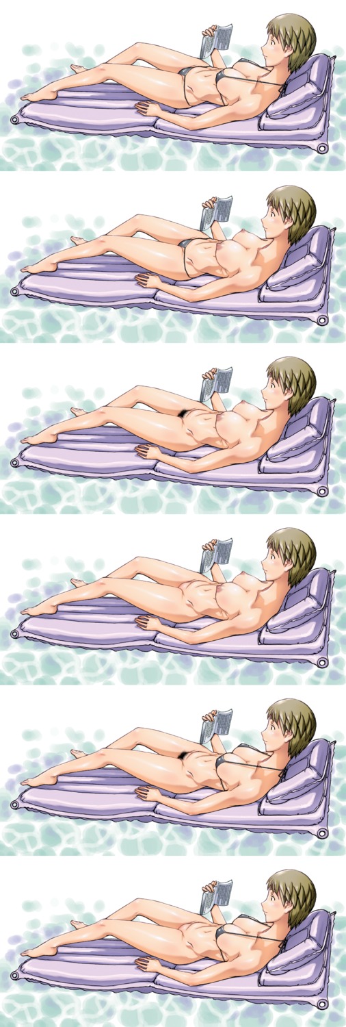 barefoot bikini blonde_hair book bottomless breasts cleavage erect_nipples female highres lying matagitii milf mrs._ayase nipples nude pool pubic_hair reading rule34 swimsuit topless uncensored variations yotsuba&amp;!