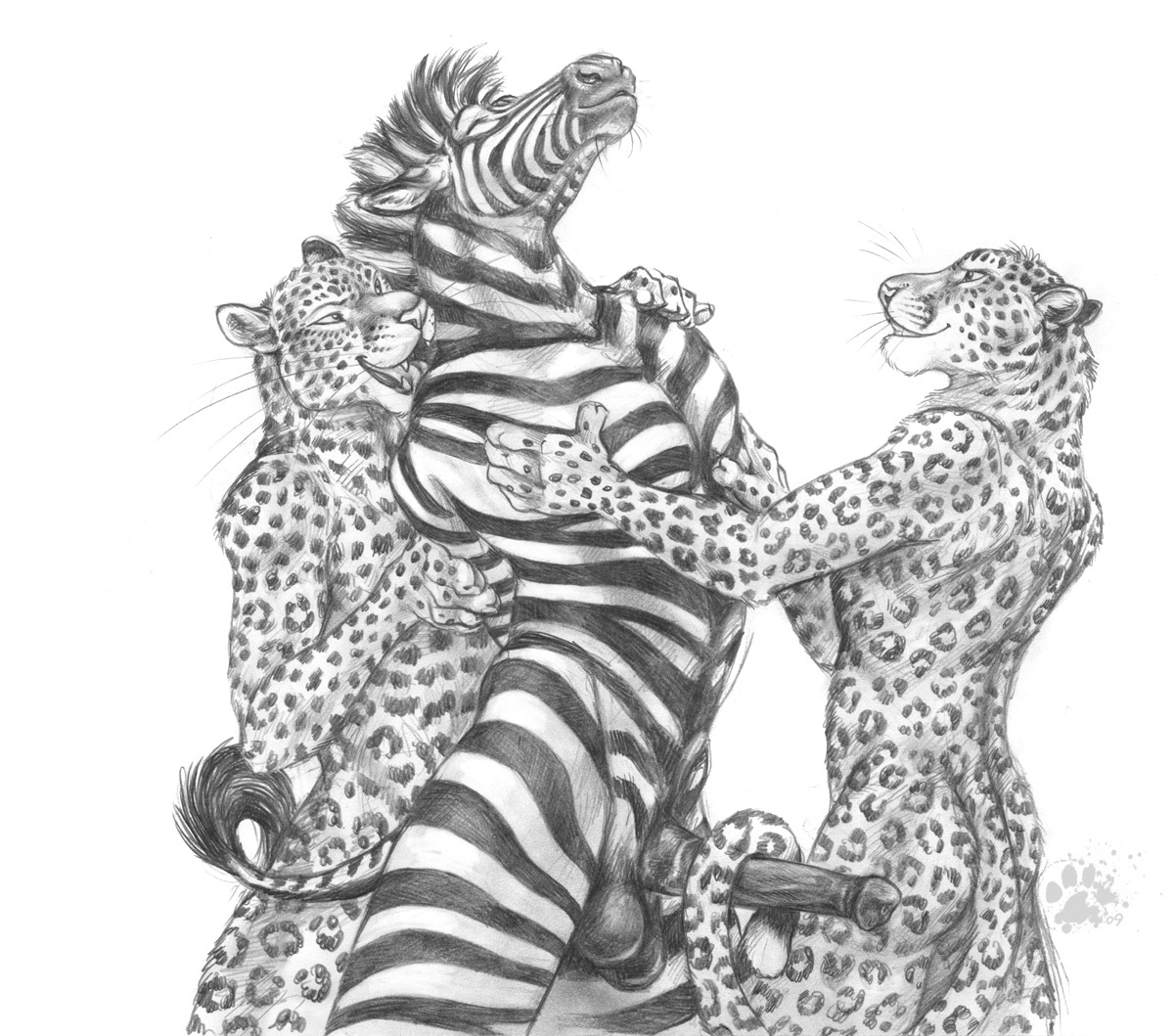 2009 animal_genitalia animal_penis anthro balls blotch butt e621 equid equine equine_genitalia equine_penis erection felid genitals group hand_on_chest hands_behind_back imminent_bite interspecies leopard leopard_spots male male/male mammal monochrome nipple_grab nude open_mouth pantherine penis portrait predator/prey scratches_volume_3 sex simple_background sketch spots standing stripes tail tail_around_penis tail_fetish tail_play tail_sex tailjob three-quarter_portrait traditional_media_(artwork) trio whiskers white_background zebra