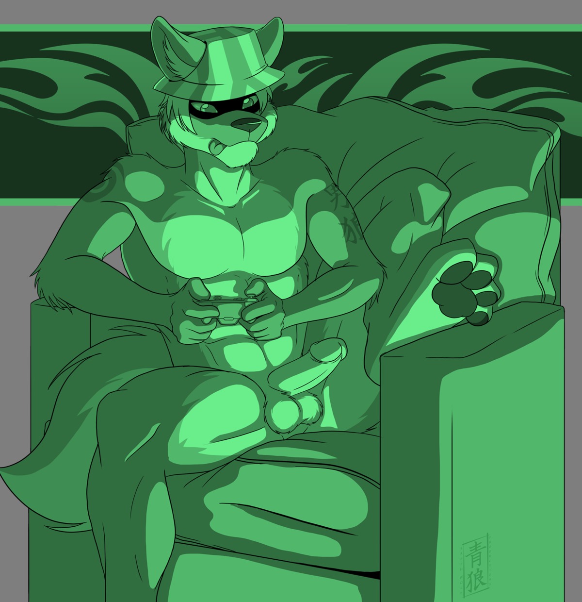 abs animal_genitalia anthro balls biceps biped canid canine canis clothing controller e621 erection fur furniture game_controller genitals hair hat headgear headwear hi_res humanoid_genitalia humanoid_penis male mammal muscular muscular_anthro muscular_male nude pawpads paws pecs penis pose presenting raised_leg reclining sapphwolf sheath sitting sofa solo spread_legs spreading tattoo tongue tongue_out wolf