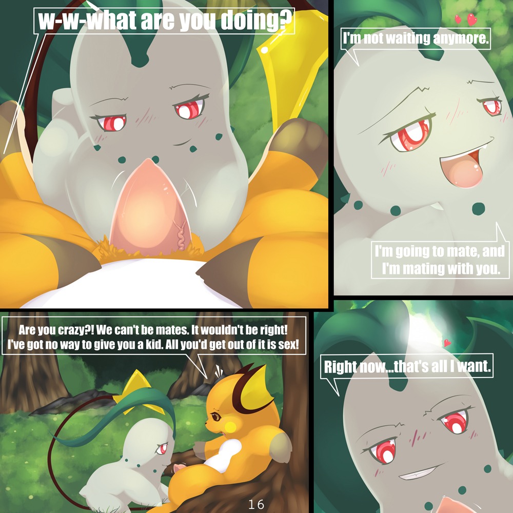 1:1 2010 big_ears blush chikorita colored comic conditional_dnp day detailed_background dialogue duo e621 english_text erection female generation_1_pokemon generation_2_pokemon genitals grin happy heart_symbol insomniacovrlrd interspecies looking_at_another looking_at_genitalia looking_at_partner looking_at_penis male mammal multiple_scenes nintendo nude outside penis pokemon pokemon_(species) raichu red_eyes rodent smile tail text