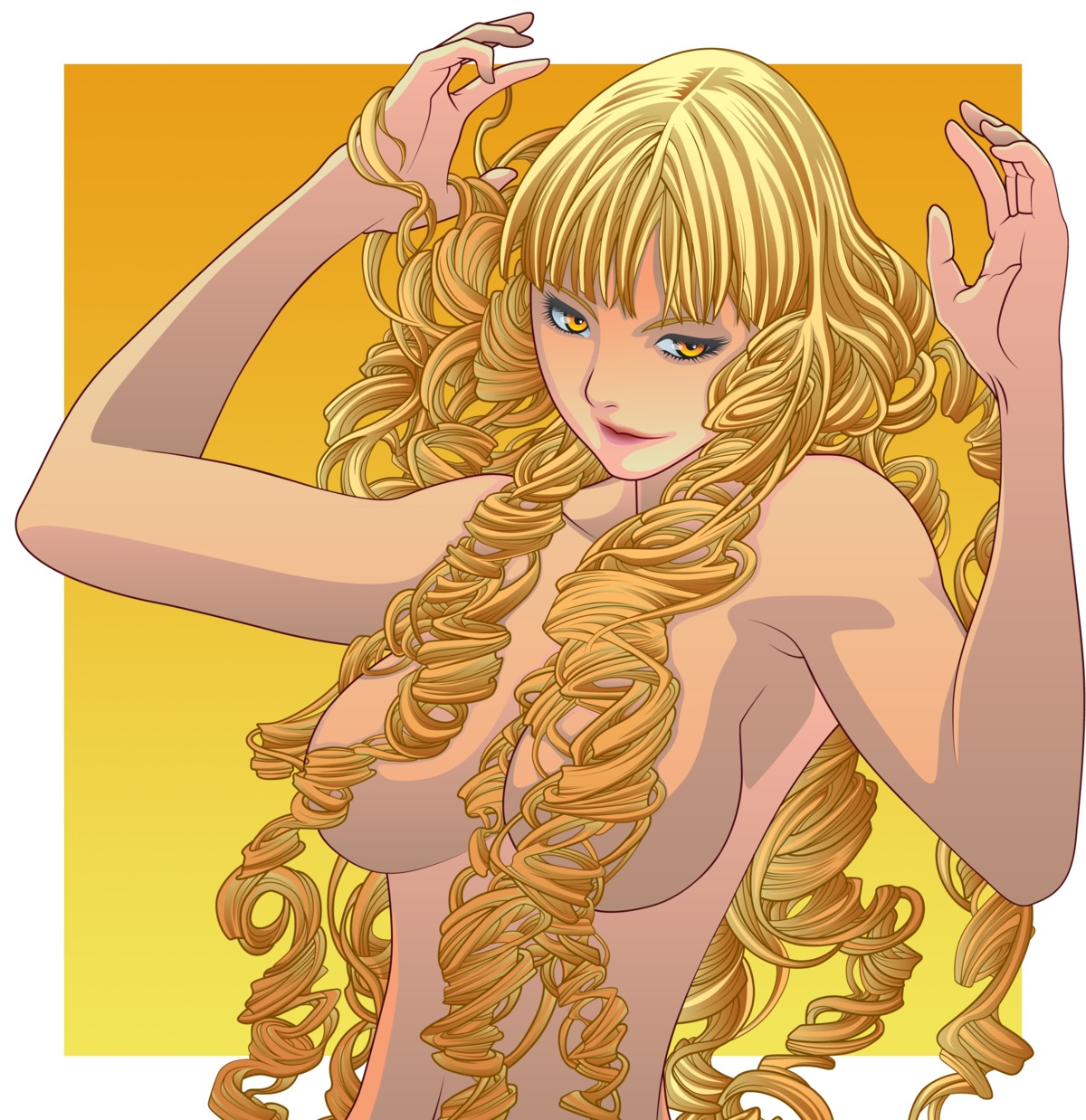 anastasia_(claymore) arms_up blonde_hair breasts censor_hair claymore colored convenient_censoring covering_nipples drill_hair female fingers_through_hair gold_eyes hand_in_hair highres large_breasts lipstick long_hair nude rule34 smile topless wavy_hair