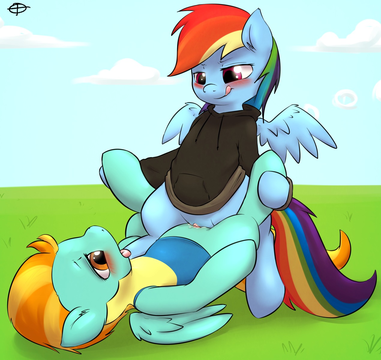 absurd_res atrolux blue_body blue_feathers blue_fur blush bodily_fluids clothed clothing conditional_dnp cum digital_media_(artwork) duo e621 equid equine feathered_wings feathers female female/female feral feral_on_feral friendship_is_magic fur genital_fluids genitals hair hasbro hi_res lightning_dust_(mlp) mammal multicolored_hair multicolored_tail my_little_pony mythological_creature mythological_equine mythology partially_clothed pegasus rainbow_dash_(mlp) rainbow_hair rainbow_tail sex sweater tail tongue tongue_out topwear tribadism vaginal vulva wings