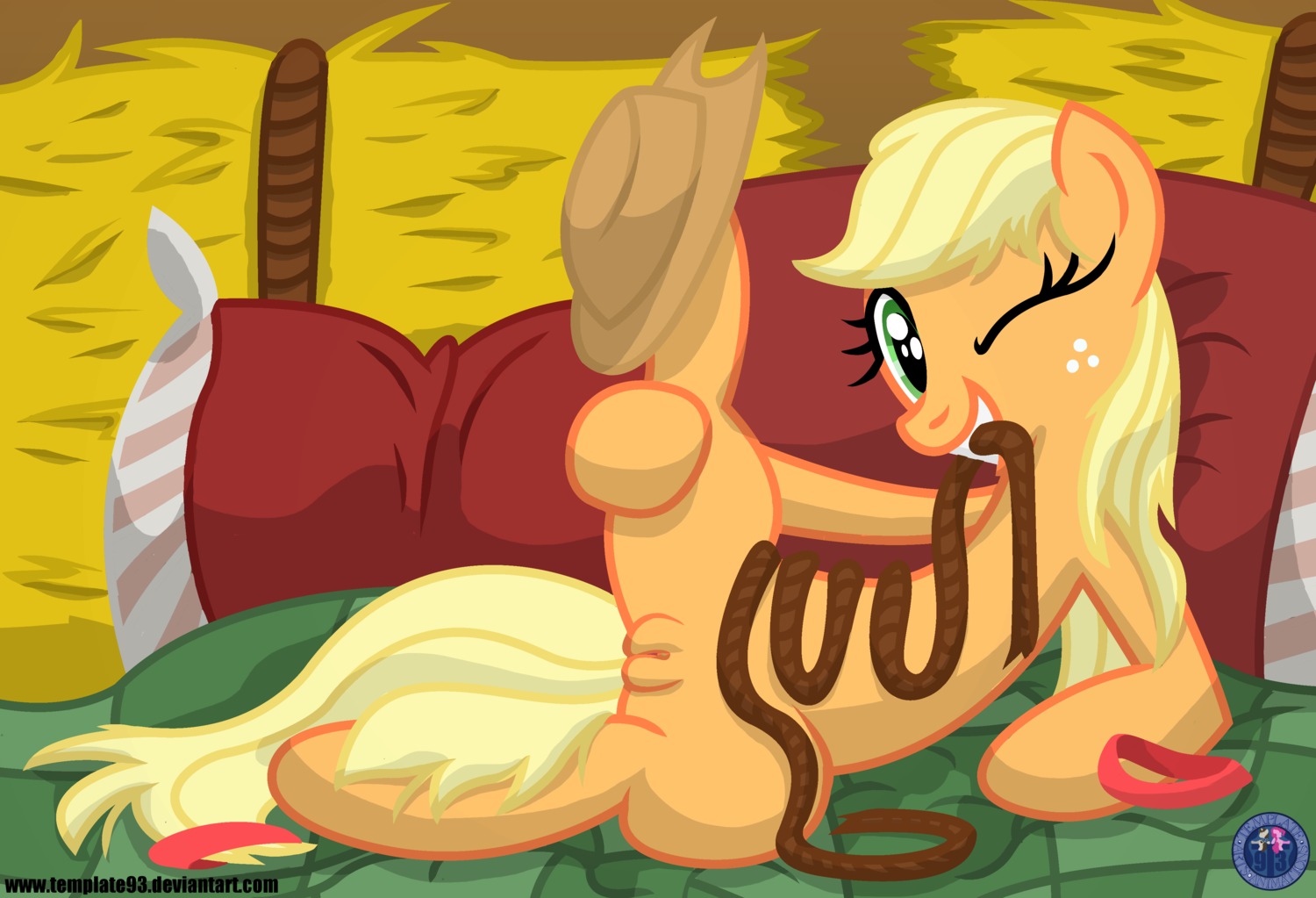 absurd_res applejack_(mlp) clothing cowboy_hat e621 earth_pony equid equine female feral freckles friendship_is_magic genitals hasbro hat hay hay_bale headgear headwear hi_res horse looking_at_viewer mammal my_little_pony one_eye_closed pillow pony presenting presenting_vulva rope solo spread_legs spreading tail template93 vulva wink