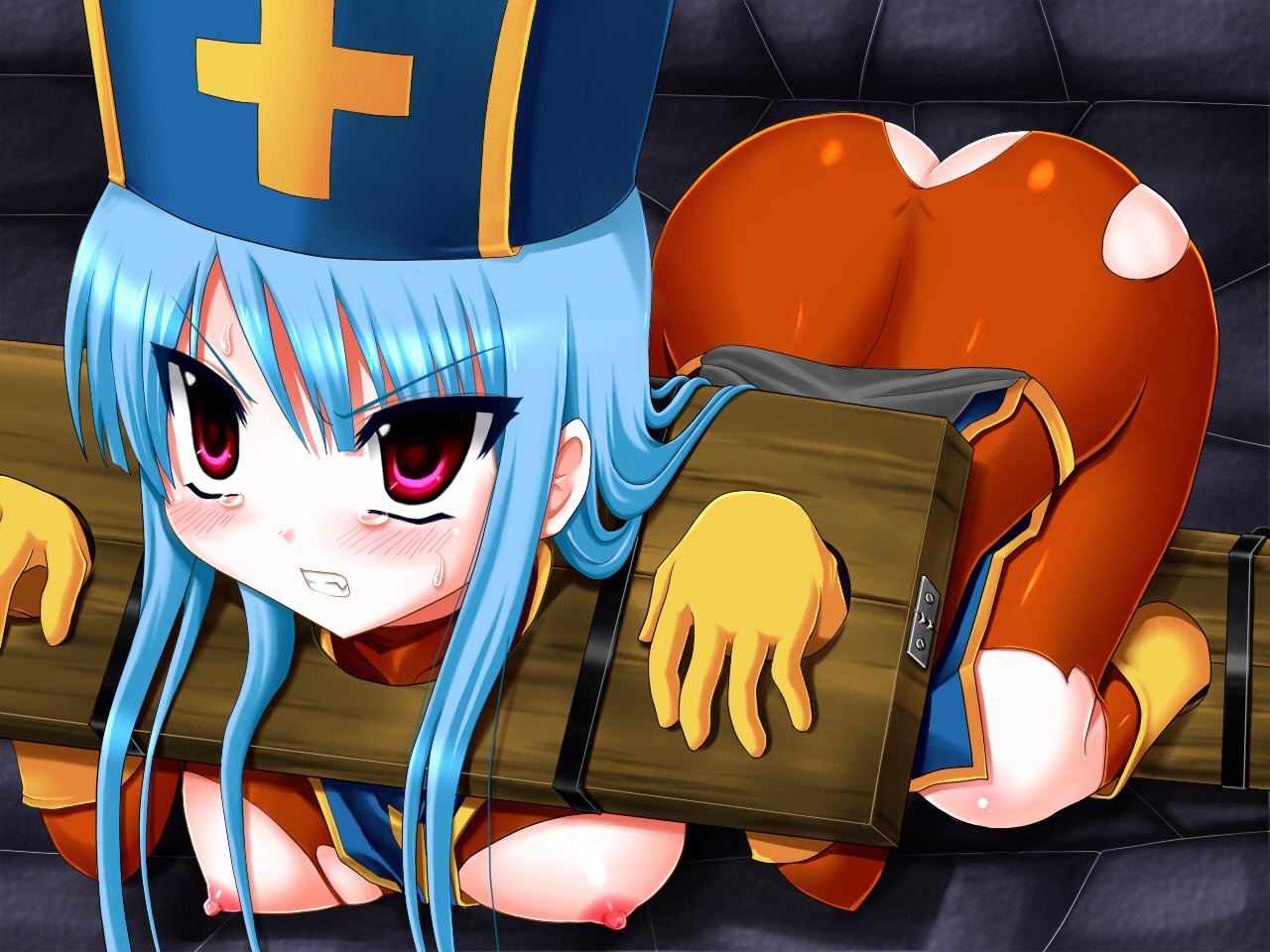 1girls angry anime_style ass blue_hair blush bodysuit bondage boots bound_legs breasts clenched_teeth clothing dragon_quest dragon_quest_iii erect_nipples female female_only front_view gloves hat human latex long_hair medium_breasts nipples pale_skin pillory pointy_chin priest_(dq3) red_eyes rule34 solo stocks sweat tear torn_clothes trubka