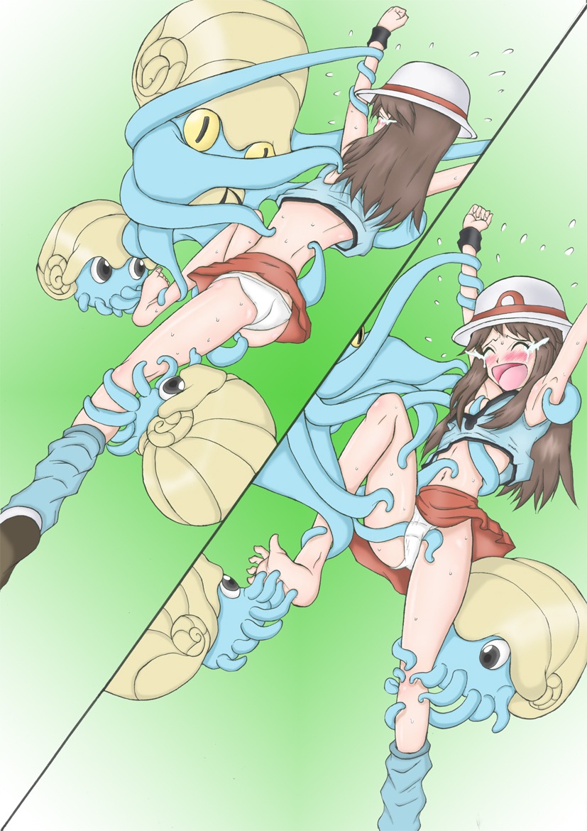 barefoot blue_socks brown_hair female flat_chest hat human leaf_(pokemon) loose_socks navel nintendo omanyte omastar panties pokemon pokephilia rule34 socks sweat tear tentacle tickle_torture tickling toes torment underwear