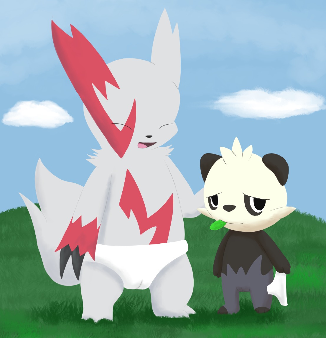 anthro arti4000 bear clothing digital_media_(artwork) duo e621 female fur generation_3_pokemon generation_6_pokemon genitals mammal markings nintendo pancham panties pokemon pokemon_(species) red_markings tail underwear vulva white_body white_fur zangoose