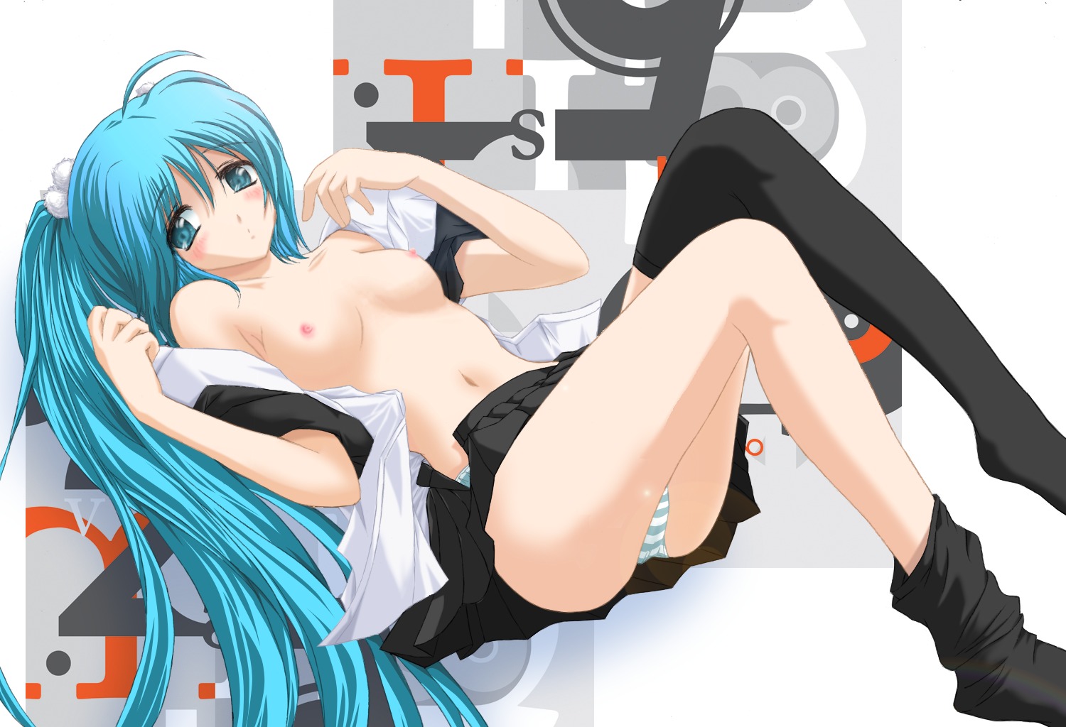 1girl 1girls aqua_eyes aqua_hair blue_eyes blue_hair blush breasts female flat_chest hatsune_miku long_hair nekokotei nipples open_clothes open_shirt panties rule34 shirt skirt solo striped striped_panties thighhighs tied_hair twintails underwear undressing uniform very_long_hair vocaloid