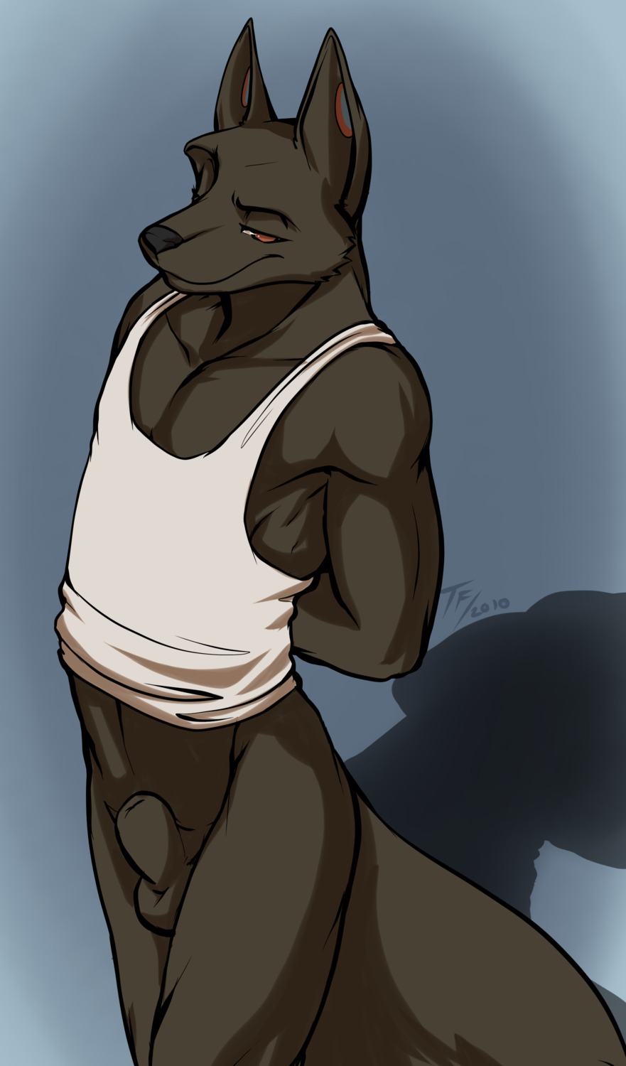 absurd_res animal_genitalia anthro bottomless canid canine canis clothed clothing e621 fully_sheathed fur genitals hi_res male mammal muscular muscular_anthro muscular_male red_eyes sheath shirt smile smirk solo stretched_ears tail tank_top tenaflux topwear wolf
