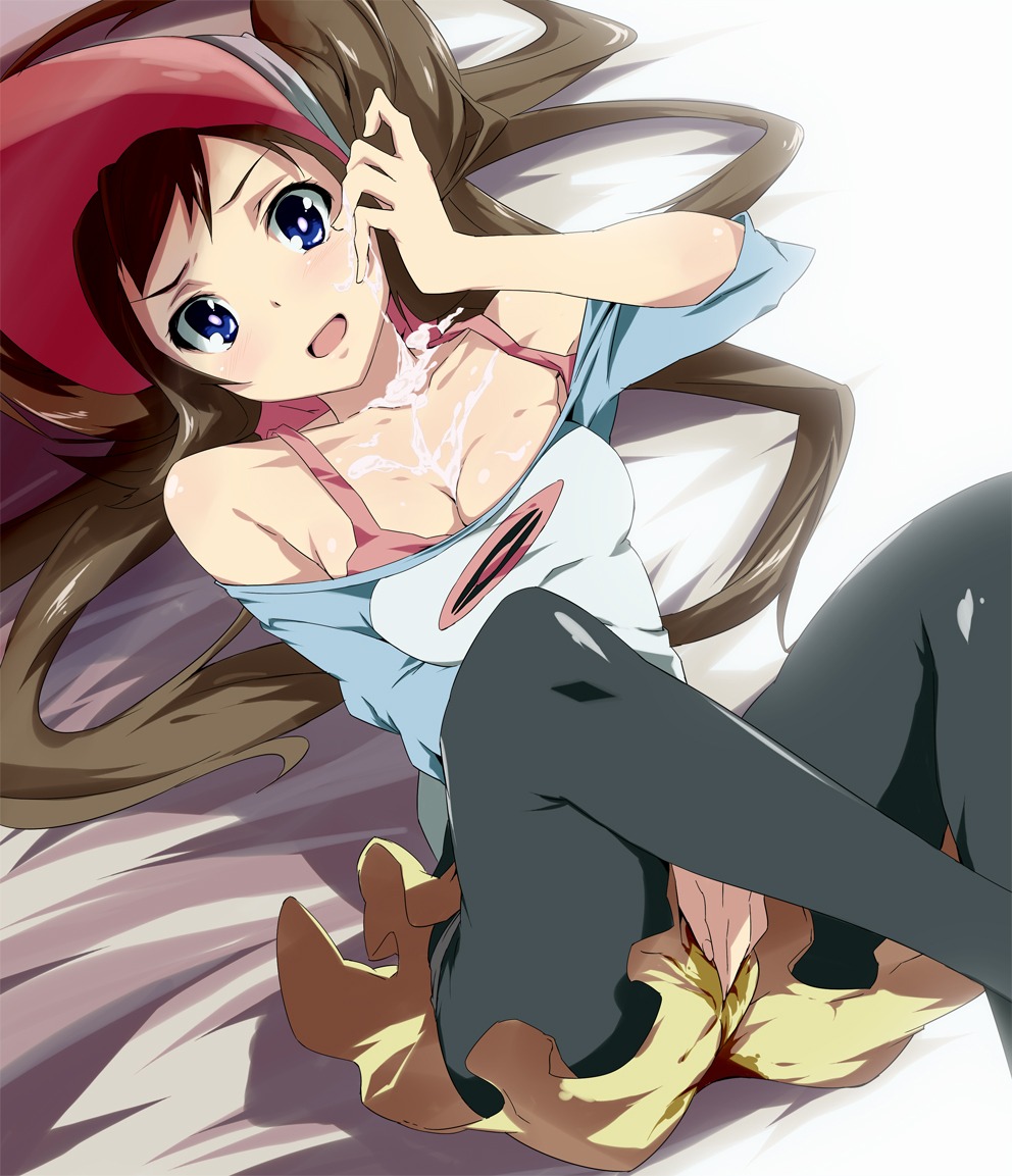 bad_id blood blue_eyes blush breasts brown_hair cleavage clothed_masturbation clothing cum cum_on_body cum_on_upper_body double_bun facial female female_only human legwear_under_shorts long_hair masturbation mei_(pokemon) nintendo on_back open_mouth pantyhose pokemon pokemon_bw2 pussy pussy_juice raglan_sleeves rosa_(pokemon) rule34 shorts skirt solo toru_k virgin visor_cap wet