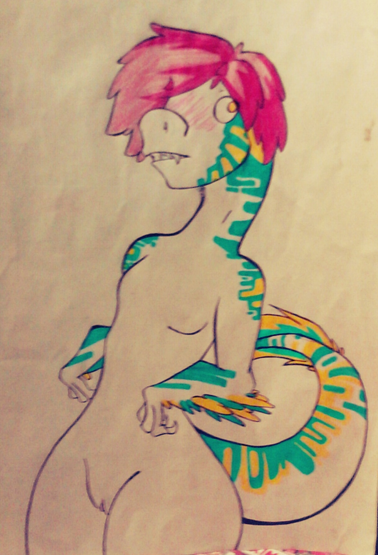 anthro blush breasts dinosaur dromaeosaurid e621 fangs feathered_dinosaur feathered_scalie feathers female genitals hair hi_res markings non-mammal_breasts nude pink_hair prehistoric_species reptile saurischian sayala scalie small_breasts solo tail teeth theropod utahraptor vulva wide_hips yalen-the-untaggable yellow_eyes