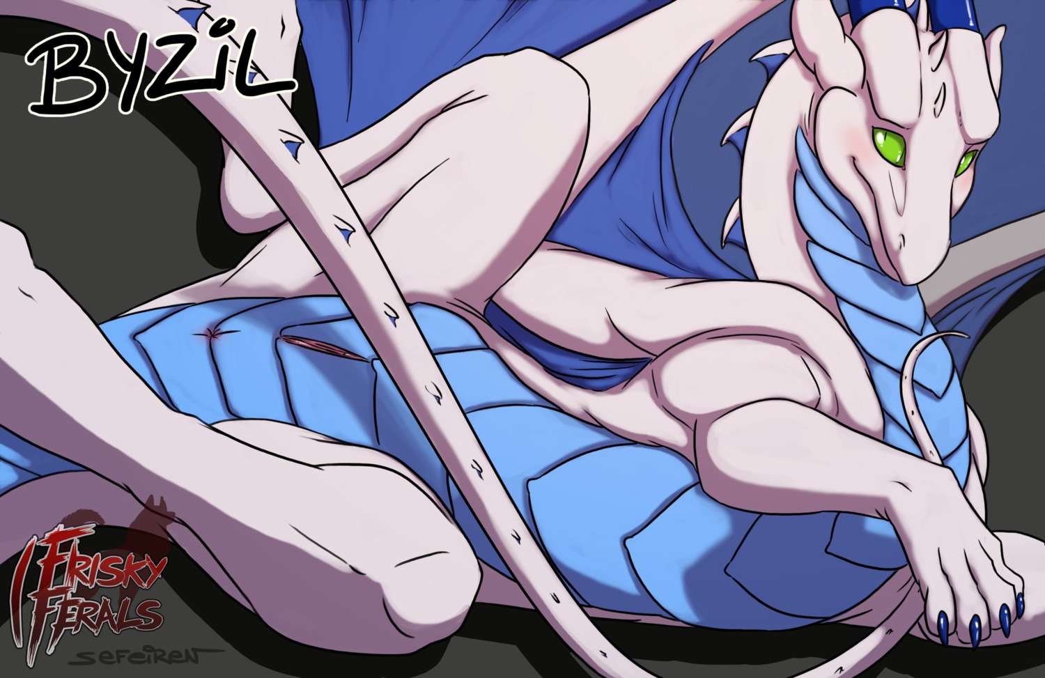 abstract_background anus blush byzil claws clitoris conditional_dnp dragon e621 female feral frisky_ferals genitals green_eyes hi_res horn logo lying membrane_(anatomy) membranous_wings mythological_creature mythological_scalie mythology paws scales scalie sefeiren shadow simple_background solo spines spread_legs spreading tail vulva wings