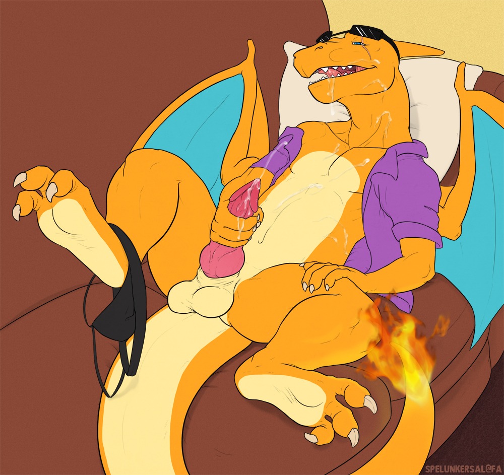 2013 3_toes anthro balls biped bodily_fluids bottomless charizard claws clothed clothing clothing_around_one_leg cum cum_on_chest cum_on_face cum_on_hand cum_on_own_face cum_on_penis cum_on_self cumshot dragon e621 ejaculation erection eyewear fangs feet fire flaming_tail furniture generation_1_pokemon genital_fluids genitals holding_own_penis holding_penis jockstrap knot lying male masturbation membrane_(anatomy) membranous_wings mythological_creature mythological_scalie mythology nintendo on_back open_clothing open_mouth open_shirt open_topwear orange_body orange_skin orgasm partially_clothed penile penile_masturbation penis pillow pokemon pokemon_(species) scalie scar shirt sofa solo spelunker_sal spread_legs spreading sunglasses tail teeth tilerin toes topwear underwear underwear_around_one_leg underwear_down wings