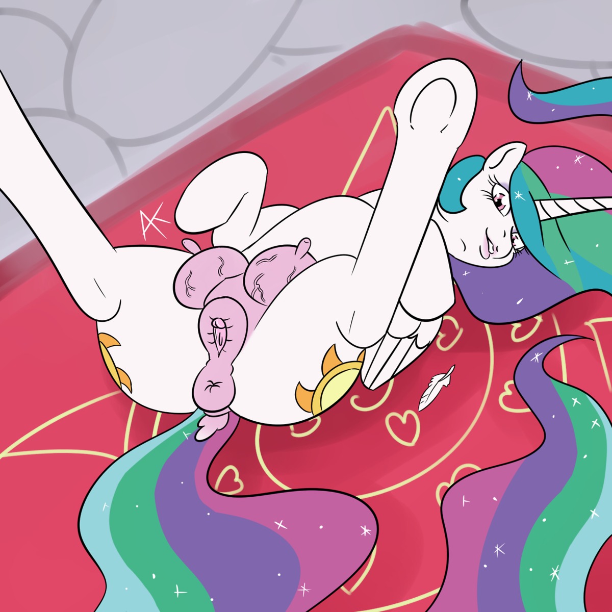 1:1 animal_genitalia animal_vulva anus appelknekten breasts clitoral_winking clitoris cutie_mark dock_(anatomy) e621 equid equine equine_genitalia equine_vulva erect_nipples feathered_wings feathers female feral friendship_is_magic fur genitals hair hasbro hi_res hooves horn legs_up lips long_hair looking_at_viewer lying mammal multicolored_hair my_little_pony mythological_creature mythological_equine mythology nipples nude on_back pink_eyes princess_celestia_(mlp) smile solo sparkles spread_legs spreading tail teats thick_bottom_lip underhoof vein veiny_breasts vulva white_body white_feathers white_fur winged_unicorn wings