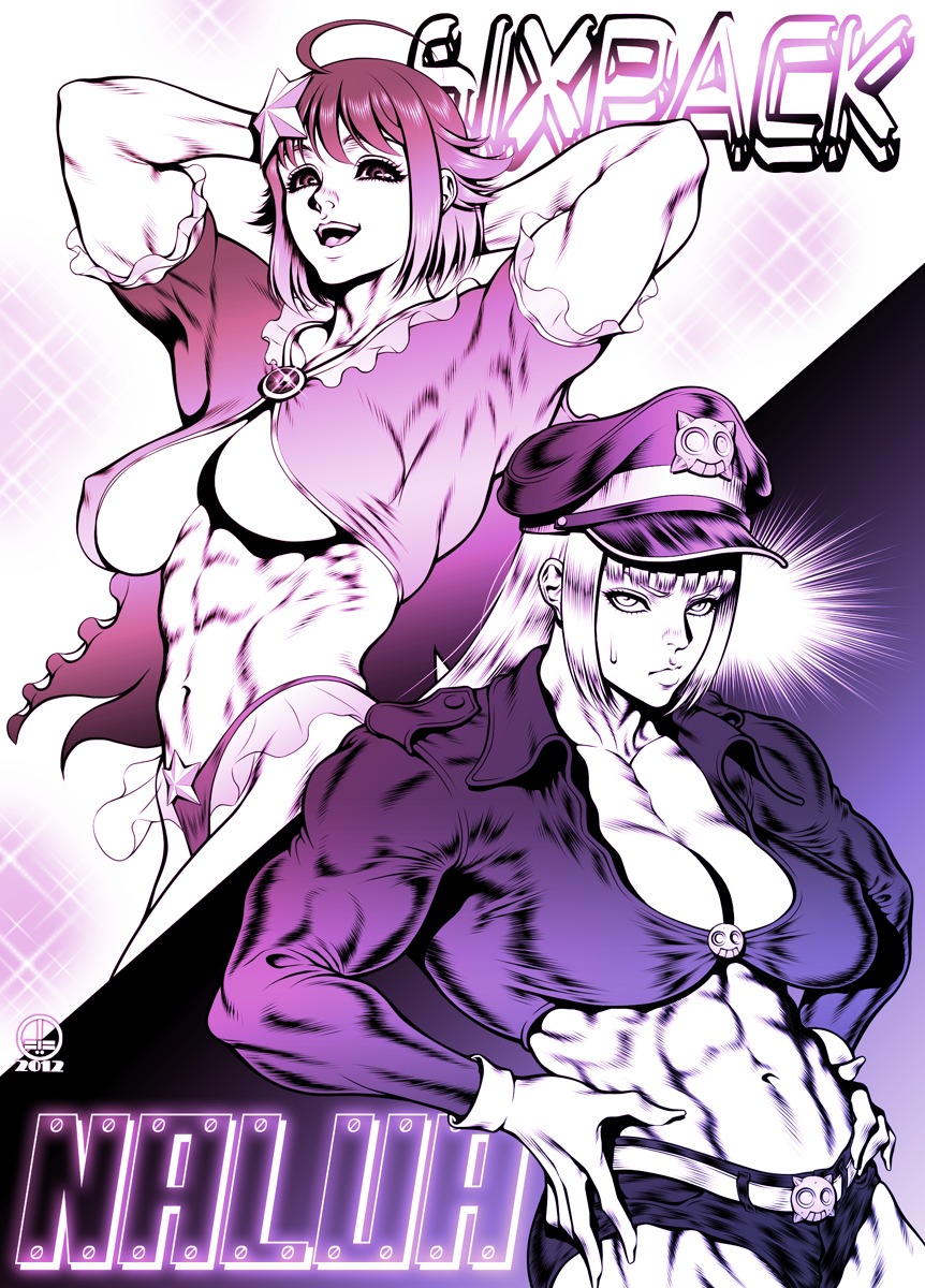 2girls arms_up breasts color dairoku_tenma extreme_muscles female female_only highres huge_breasts large_breasts muscles nwa police_hat rule34 underboob