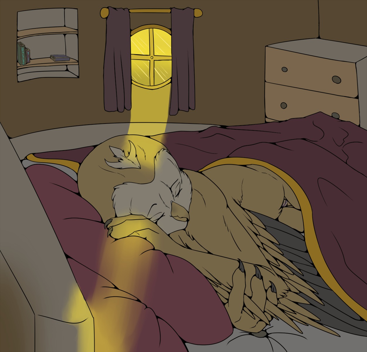 anthro avian backlash91 bed bedroom bird book claws conditional_dnp digital_media_(artwork) e621 exposed eyes_closed feet female furniture genitals hi_res inside on_bed owl sleeping solo sunrise talons toes unavailable_at_source under_covers vulva