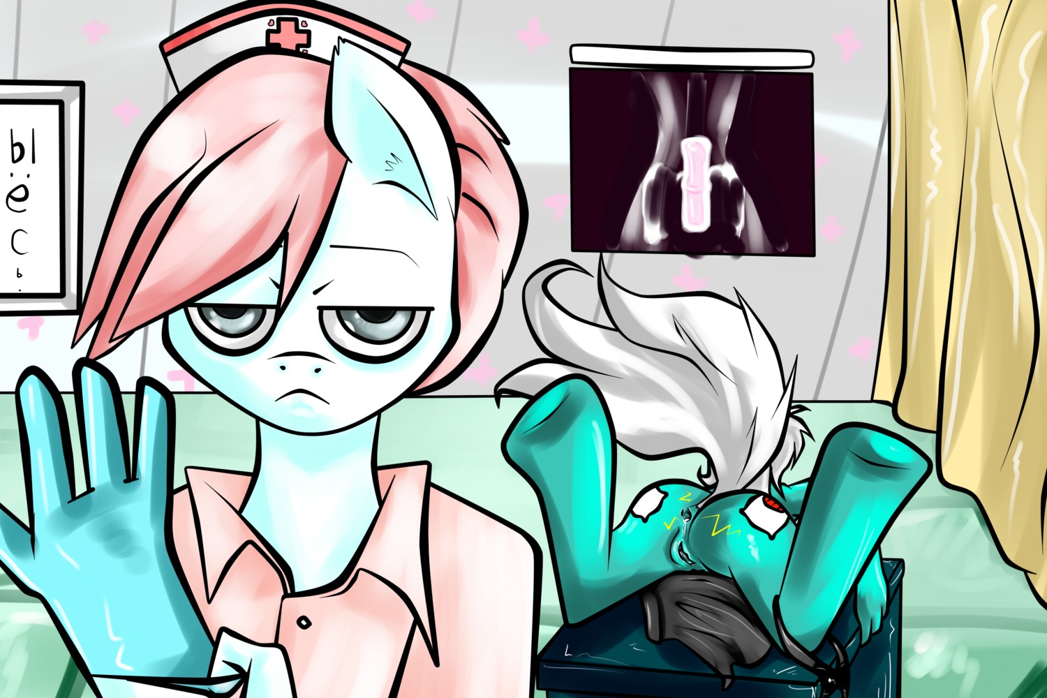 2013 3:2 anal anal_penetration anthro anthrofied anus clothing cutie_mark dildo duo e621 earth_pony equid equine fan_character female friendship_is_magic fur genitals gloves green_body green_fur hair handwear hasbro hi_res horse internal looking_at_viewer mammal my_little_pony nurse nurse_clothing nurse_redheart_(mlp) nurse_uniform penetration pony sex_toy tail uniform unimpressed vulva wergis white_hair