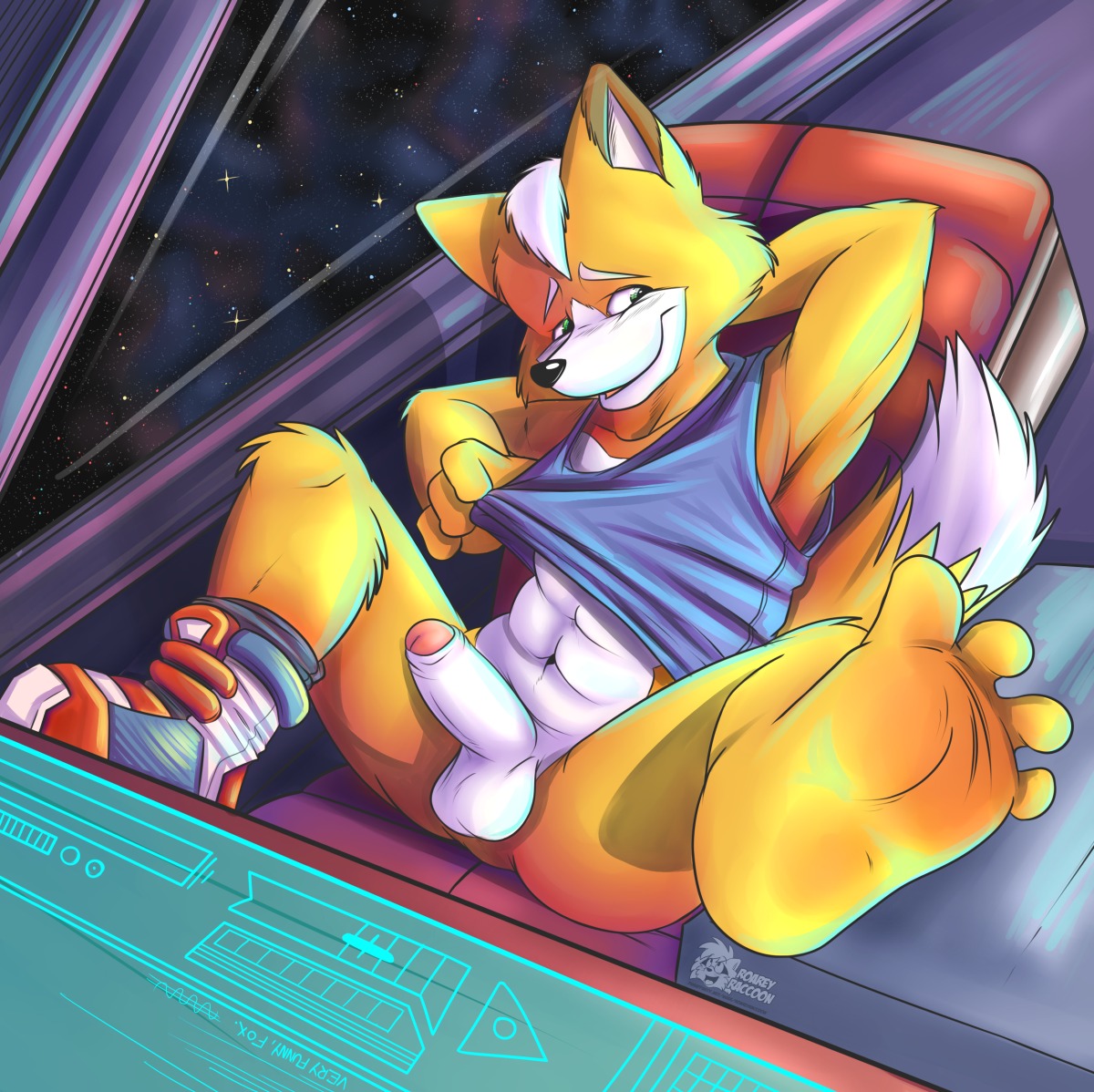 4_toes abs anthro anus arwing balls barefoot biped bottomless brown_body brown_fur butt canid canine chair clothed clothing clothing_lift detailed_background dipstick_tail e621 erection feet foot_focus footwear foreskin fox fox_mccloud fur furniture genitals glistening grasp green_eyes hair hand_on_head happy hindpaw humanoid_genitalia humanoid_penis looking_away lying male mammal markings mohawk muscular muscular_anthro muscular_male navel nintendo on_back open_mouth partially_retracted_foreskin paws pecs penis plantigrade presenting presenting_hindquarters raised_arm raised_leg roarey_raccoon seat shadow shirt shirt_lift shoes sitting smile soles solo space spacecraft spread_legs spreading star star_fox tail tail_markings tank_top toes topwear vehicle white_balls white_body white_fur white_hair white_penis yellow_body yellow_fur