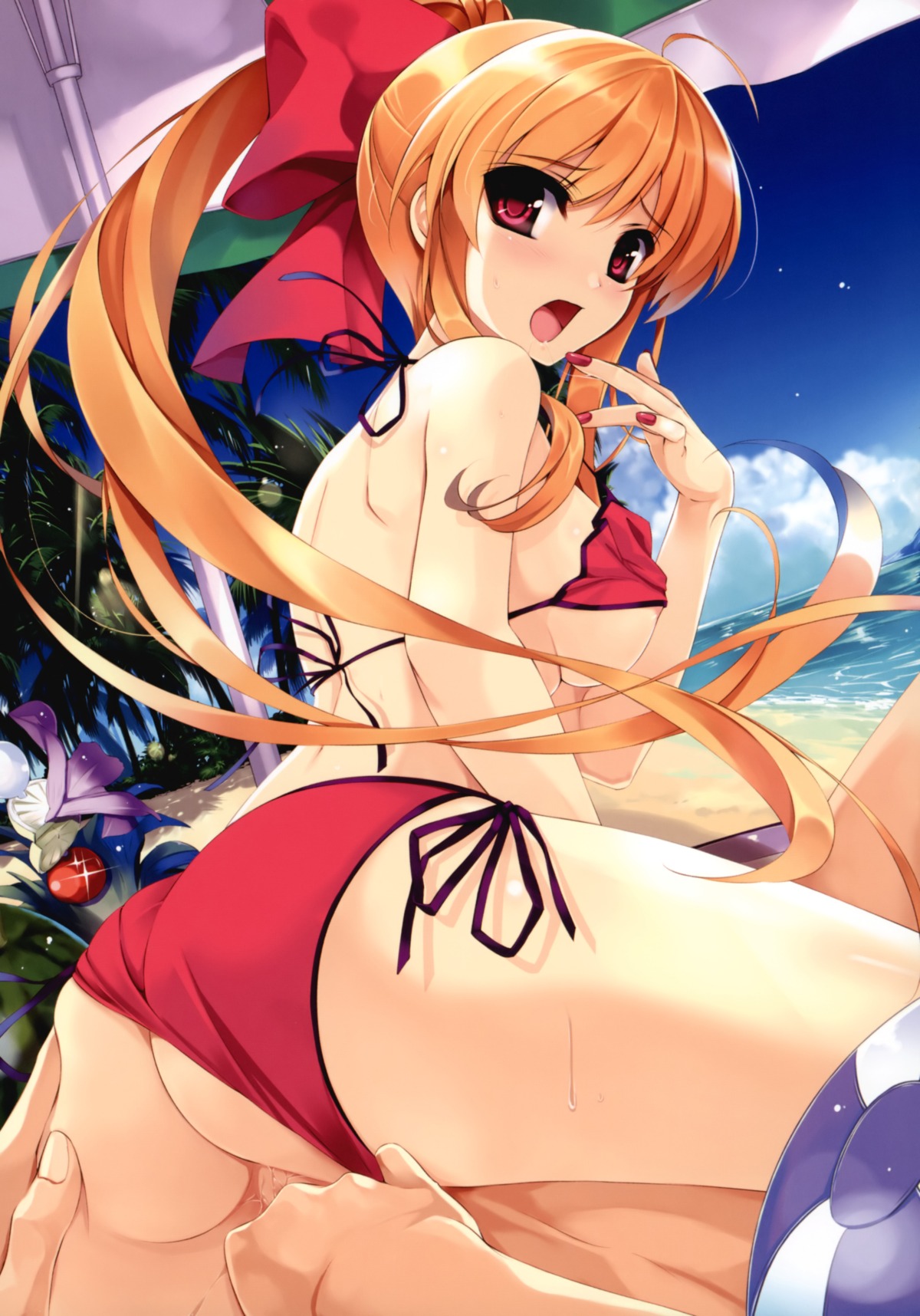 1girls ahoge areola_slip areolae ass ass_grab back ball_(object) bare_shoulders beach beach_ball beach_umbrella bikini bikini_aside blonde_hair blush bow breasts cloud copyright_request embarrassed female fingering fingernails frame from_behind hair_ribbon highres long_hair looking_at_viewer looking_back misaki_kurehito nail_polish open_mouth orange_hair outdoors palm_tree ponytail pussy pussy_juice red_eyes ribbon rule34 saliva saliva_trail sex shiny shiny_skin side-tie_bikini sitting sitting_on_person sky solo star string_bikini surprised sweat swimsuit swimsuit_aside tied_hair tree uncensored underboob very_long_hair water