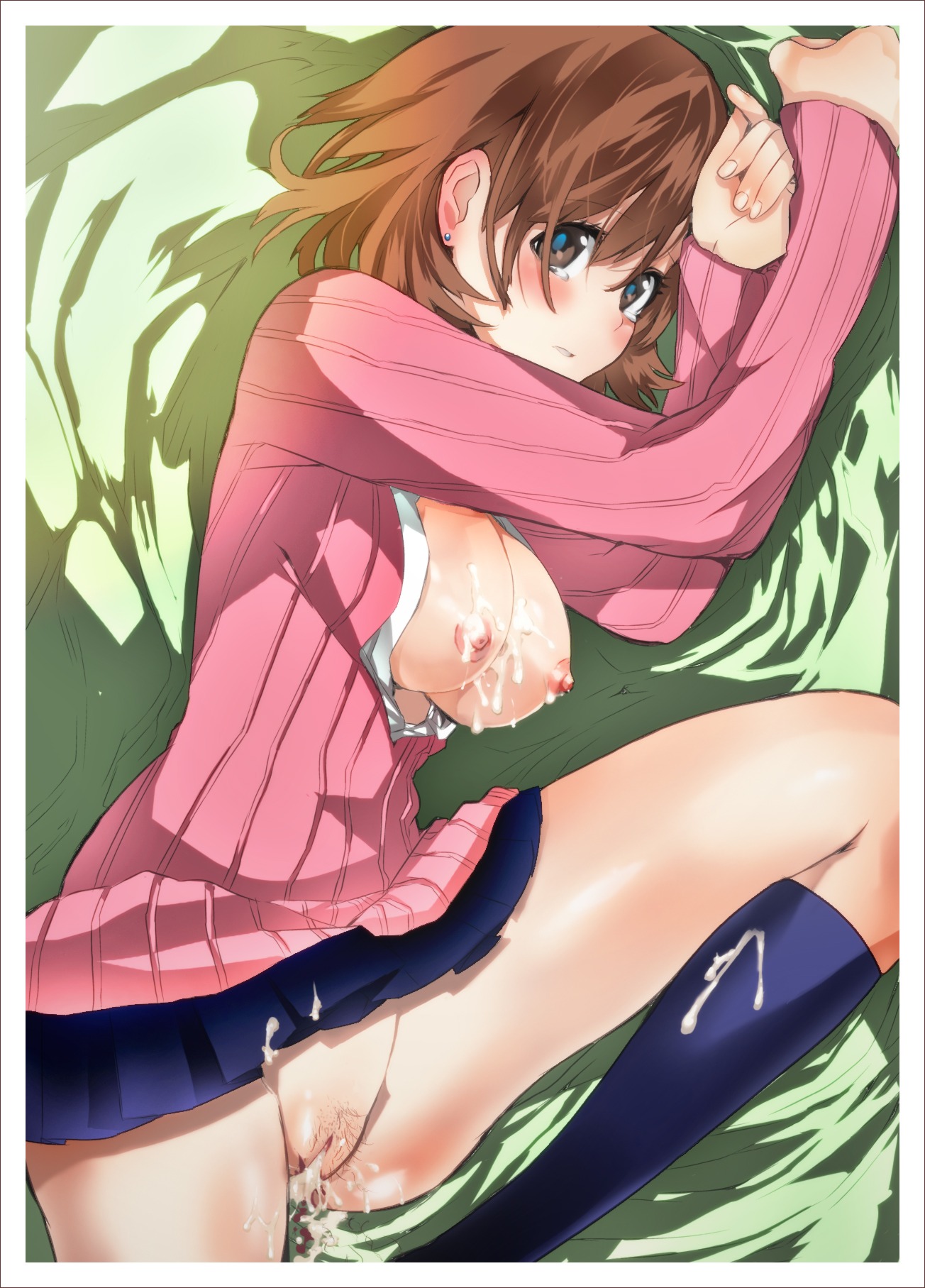 after_sex blood blush breasts brown_eyes brown_hair cum cum_inside cum_on_body cum_on_breasts cum_on_lower_body cum_on_upper_body cumdrip earrings female footwear highres jewelry kneehighs leg_lift leg_raise lying nina_(pixiv) nipples no_panties on_side open_clothes open_shirt persona persona_3 pubic_hair pussy rule34 school_uniform shirt short_hair skirt socks solo sweater tears uncensored vaginal_blood virgin virginal_blood yukari_takeba yukari_takeba_(winter_uniform)