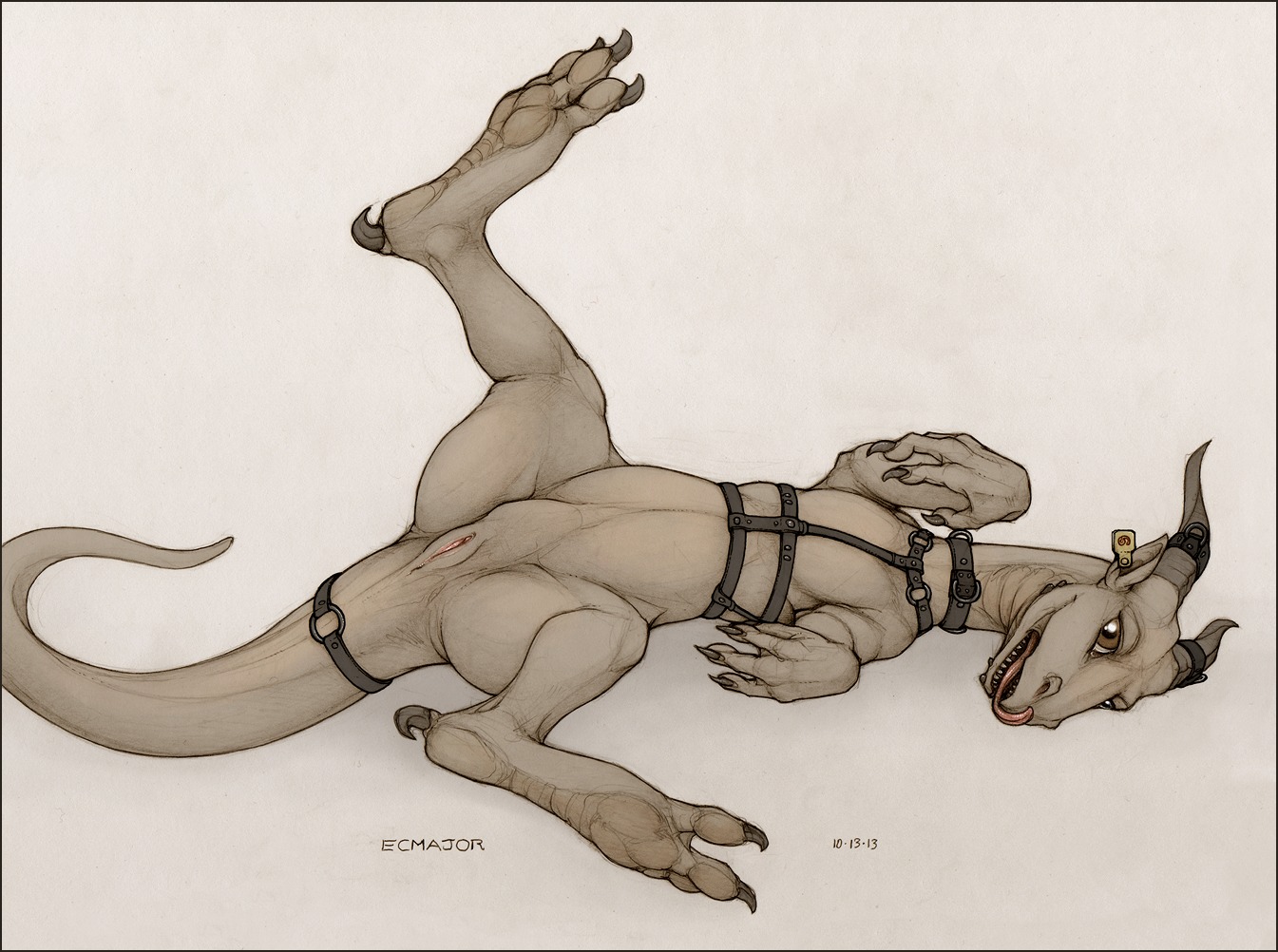2013 anus border claws dragon e621 ecmajor female feral genitals horn inviting licking looking_at_viewer mythological_creature mythological_scalie mythology one_leg_up open_mouth orange_border pinup pose presenting raised_leg scalie self_lick simple_background solo spread_legs spreading tail tail_muscles teeth thick_tail toe_claws tongue tongue_out traditional_media_(artwork) vulva