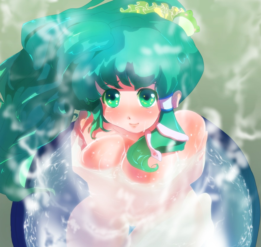 blush female female_only frog green_eyes green_hair hair_ornament human long_hair nude poko_(mammypoko) rule34 sanae_kochiya snake solo touhou