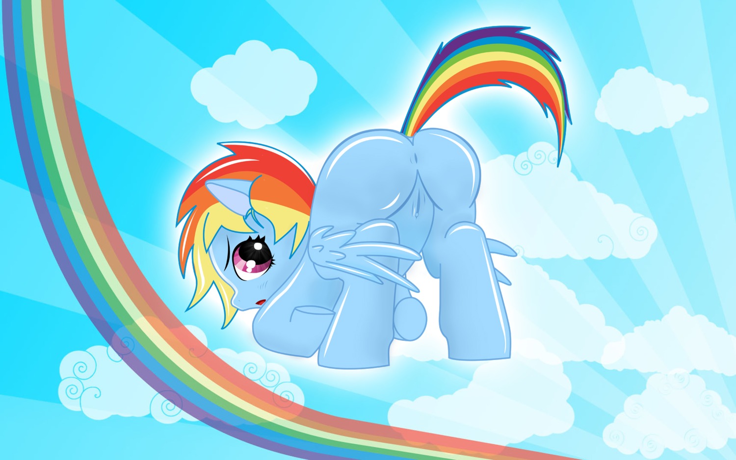 16:10 anus blue_body blue_feathers blue_fur butt cloud e621 equid equine eyelashes feathered_wings feathers female feral friendship_is_magic fur genitals hair hasbro hi_res looking_back mammal multicolored_hair multicolored_tail my_little_pony mythological_creature mythological_equine mythology open_mouth pegasus presenting presenting_hindquarters presenting_vulva quadruped rainbow rainbow_arch rainbow_dash_(mlp) rainbow_hair rainbow_tail raised_tail solo tail unknown_artist vulva wallpaper widescreen wings