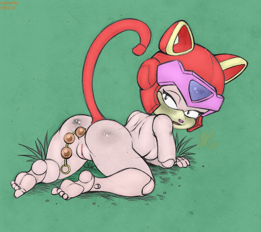 1girls anal_beads anthro ass blue_eyes breasts curvaceous domestic_cat feline female fur furry helmet joints kemono linno mammal nipples nude pink_fur polly_esther pussy rule34 samurai_pizza_cats solo tagme tail