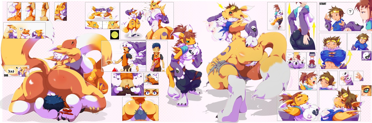 1boy 1girls 69 69_position absurd_res anthro anthro_on_human ass ass_expansion big_ass big_breasts blowjob breast_expansion breast_growth breast_growth_(enlargement) breasts comic digimon digimon_(species) digimon_tamers facesitting female fox furry gender_transformation henry_wong hi_res human human_to_anthro lee_jianliang male male_to_female multiple_females multiple_girls nken oral oral_sex pussy pussy_juice pussy_on_face renamon right_to_left rika_nonaka rule34 size_difference species_transformation tail takato_matsuki teamwork threesome transformation