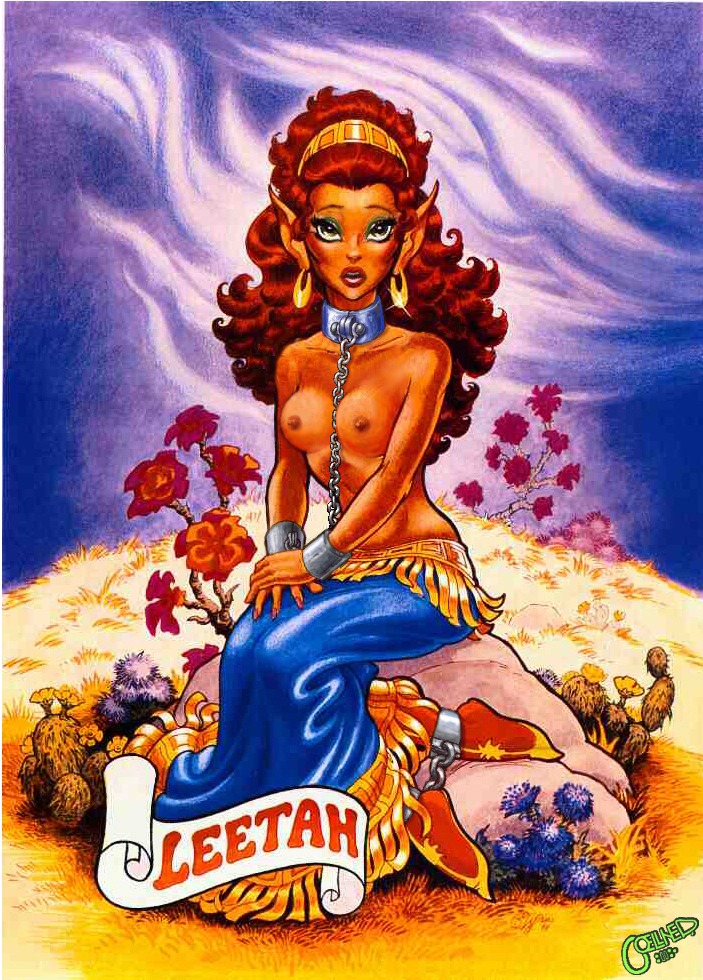 areolae blue_skirt bound breasts chains collar elf elfquest female female_only front_view leetah nipples rule34 sitting solo tagme topless
