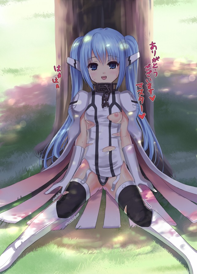 1girls artist_request blue_eyes blue_hair boots breasts collar elbow_gloves female femsub garter_straps gloves looking_at_viewer nipples nymph_(sora_no_otoshimono) open_mouth panties rule34 sitting slave solo sora_no_otoshimono tear text thighhighs tied_hair torn_clothes translated tree twintails underwear