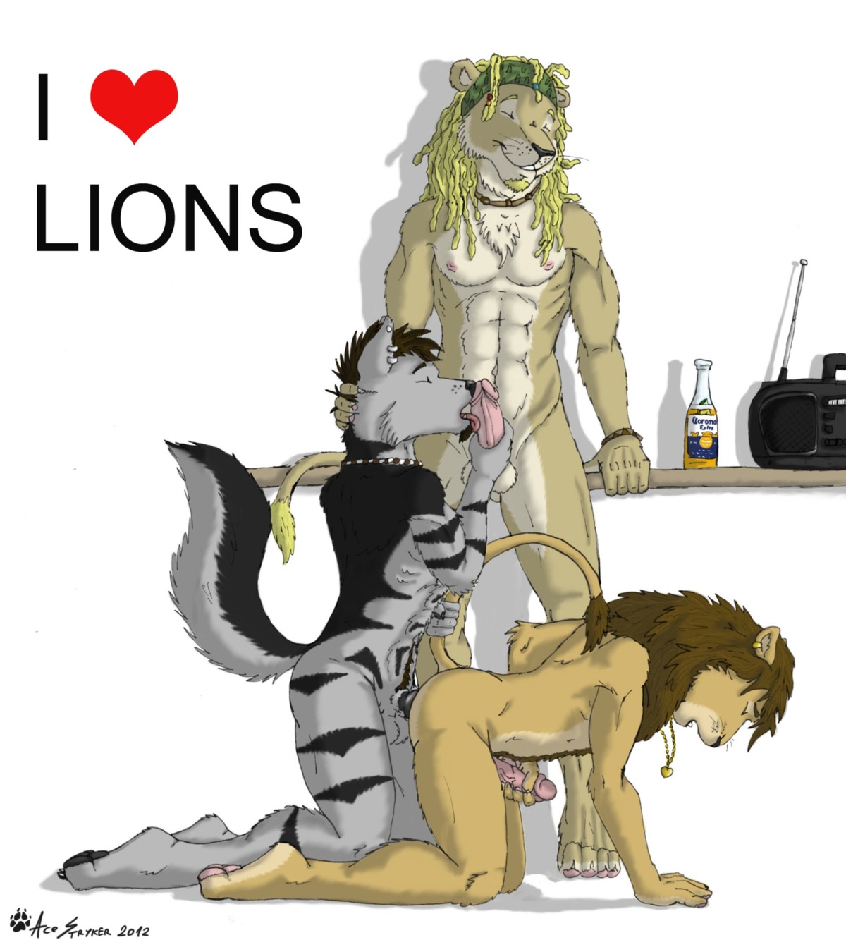 2012 ace_stryker alcohol all_fours anal anal_penetration anthro anthro_on_anthro anthro_penetrated anthro_penetrating anthro_penetrating_anthro beard beer beverage brown_hair canid canine canis doggystyle dreadlocks e621 erection facial_hair felid fellatio fluffy fluffy_tail food from_behind_position genitals goatee group group_sex hair hi_res humanoid_genitalia humanoid_penis knot licking lion male male/male male_penetrated male_penetrating male_penetrating_male mammal mane masturbation muscular muscular_male oral oral_penetration pantherine penetration penile penile_masturbation penile_penetration penis penis_lick product_placement reverse_spitroast sex tail tail_grab threesome tongue tongue_out trio two_subs_one_dom wolf