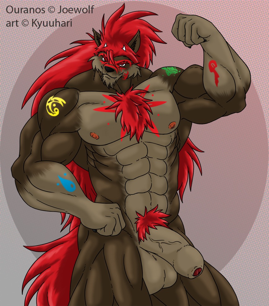 abs anthro balls biceps big_balls big_penis chest_tuft e621 erection flexing foreskin fur genitals humanoid_genitalia humanoid_penis kyuuhari male muscular muscular_anthro muscular_male nipples nude pecs penis pose red_eyes solo tattoo thick_penis tuft vein