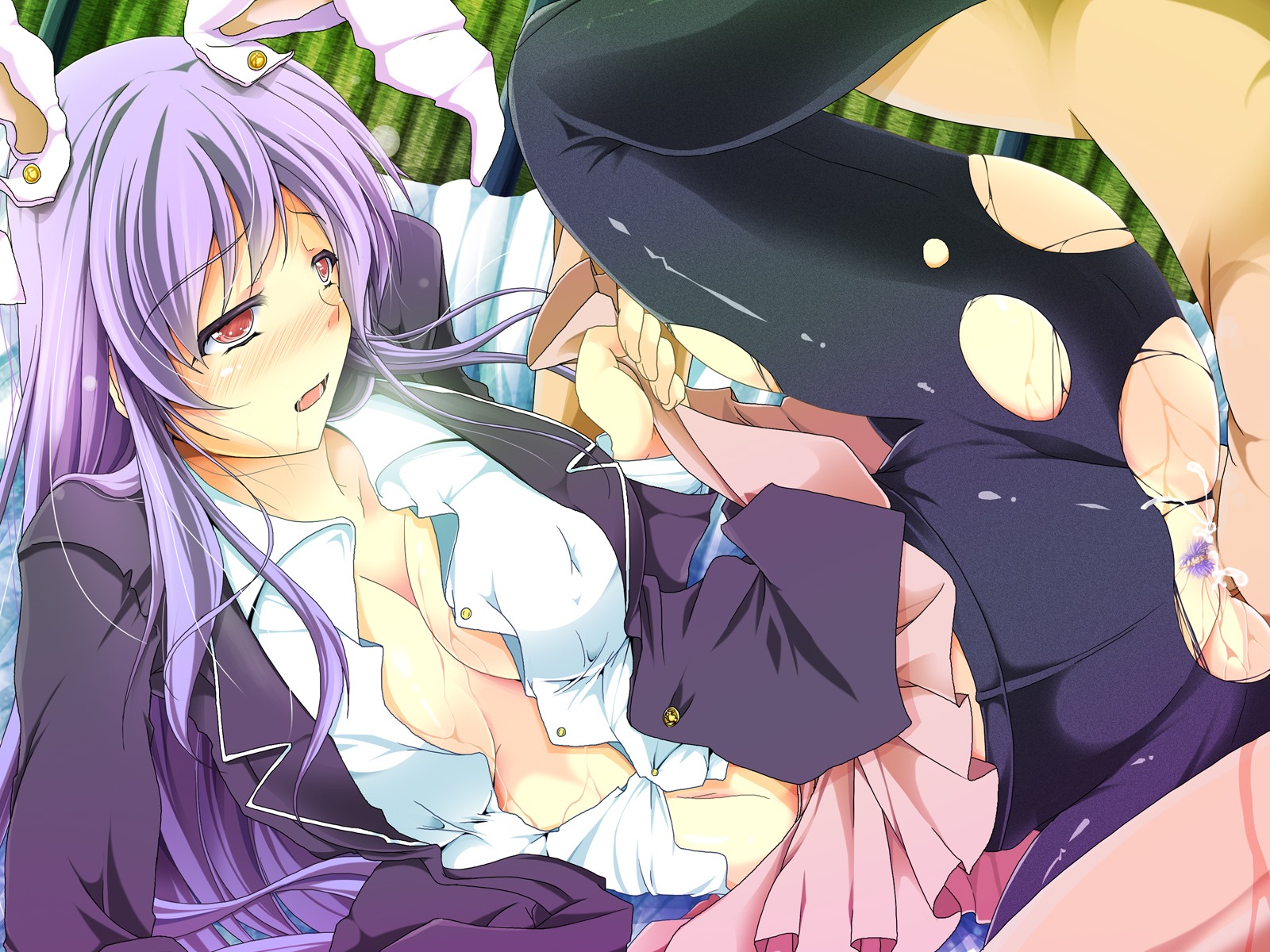 big_breasts breasts bunny_ear bunny_girl censored cum cum_inside ejaculation female fur highres large_breasts leg_lift male miniskirt navel no_bra no_panties open_clothes open_mouth open_shirt pantyhose penetration penis pubic_hair purple_hair pussy red_eyes reiha_(penetrate) reisen_udongein_inaba rule34 saliva sex shirt skirt skirt_lift straight torn_clothes torn_pantyhose touhou uncensored vaginal_penetration