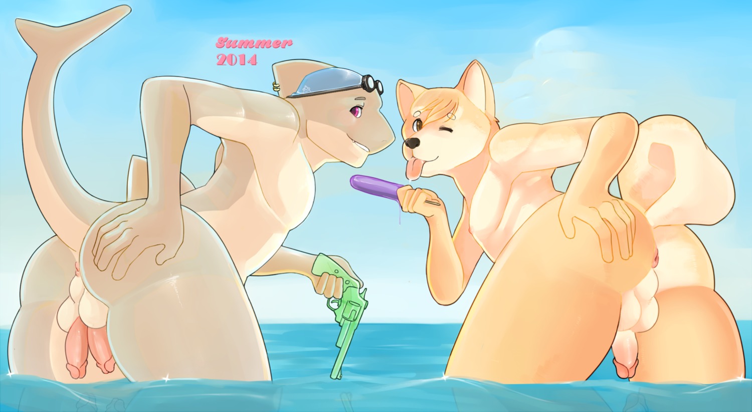 2014 2_penises anthro anus aquatic backsack balls big_butt butt canid canine canis domestic_dog duo e621 english_text erection fish fur genitals gun hand_on_butt headgear hi_res humanoid_genitalia humanoid_penis looking_at_viewer looking_back male mammal multi_genitalia multi_penis muscular nude okono_yuujo pecs penis pkaocko presenting presenting_hindquarters ranged_weapon shark shiba_inu spitz take_your_pick text tongue tongue_out weapon wet