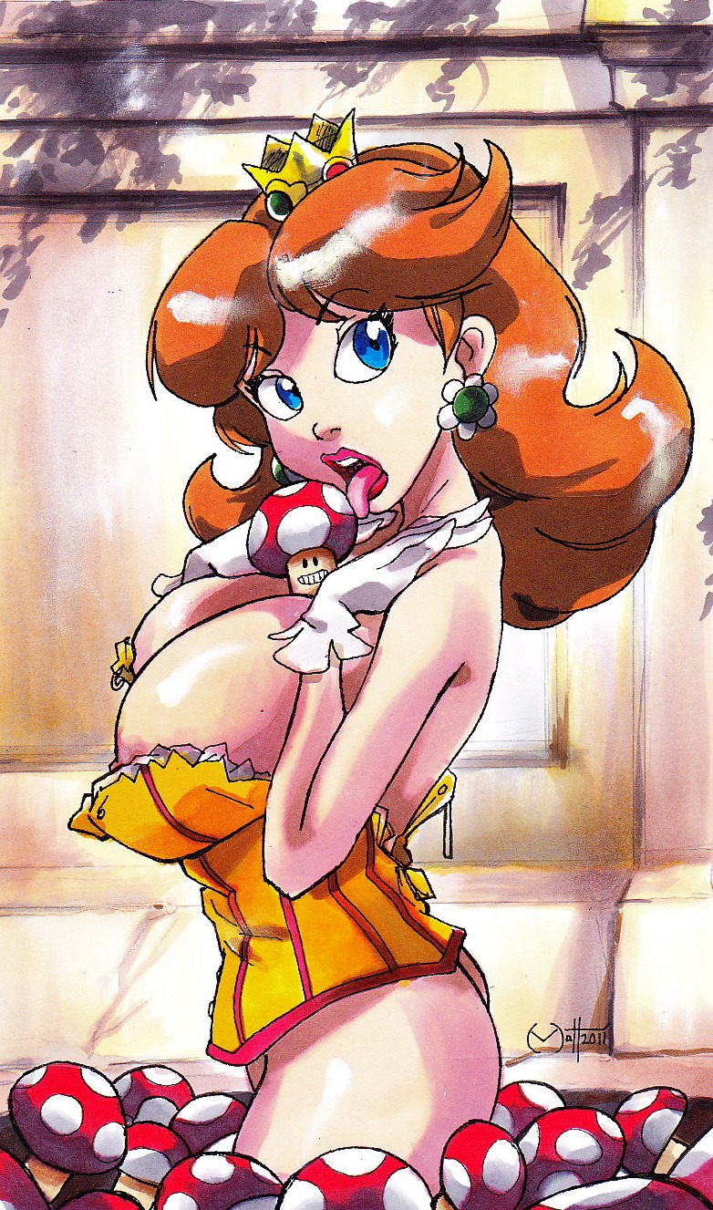 alternate_breast_size between_breasts blue_eyes bottomless breasts corset earrings female female_only flower gloves highres human jewelry joehentai large_breasts licking mario_(series) mushroom nintendo nipples no_panties object_between_breasts open_clothes orange_hair power-up princess princess_daisy rule34 sexually_suggestive solo super_mario_bros. super_mushroom