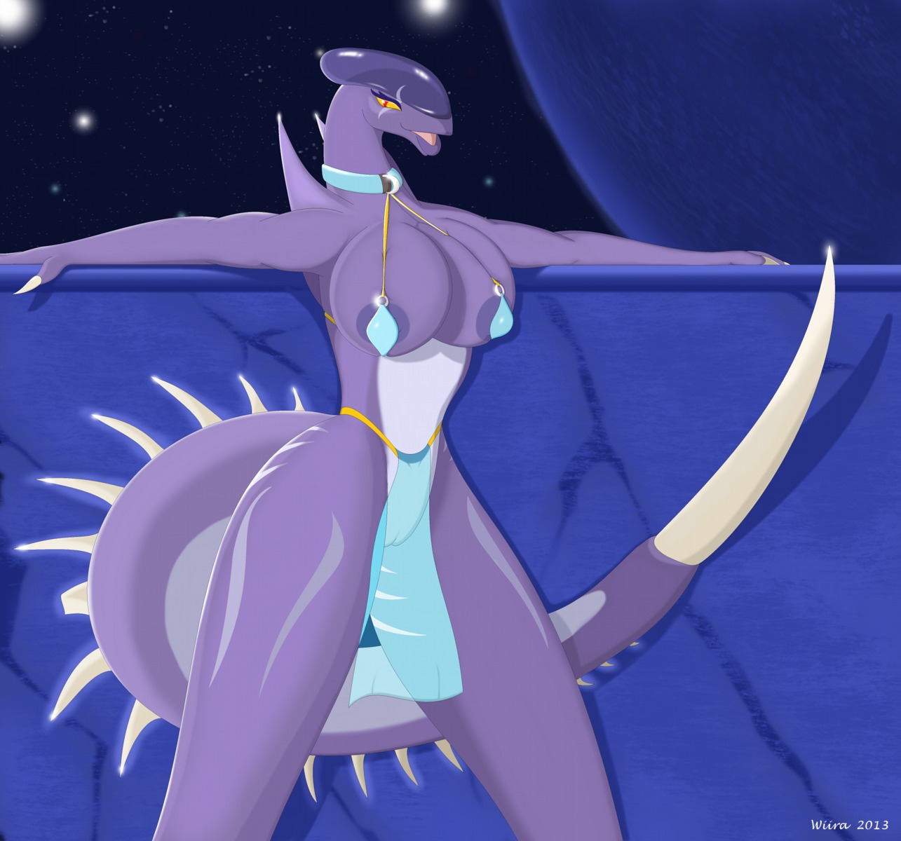 alien anthro biped breasts claws e621 female genitals hi_res lips looking_at_viewer nipples non-mammal_breasts non-mammal_nipples planet red_eyes scalie solo space spikes standing star tail vulva wiira xenie
