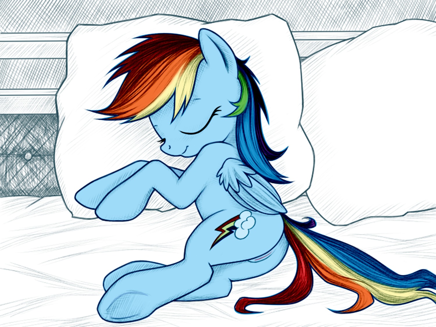 4:3 bed blue_body blue_feathers blue_fur casual_nudity cutie_mark e621 equid equine eyes_closed feathered_wings feathers female feral friendship_is_magic fur furniture genitals hair hasbro hi_res mammal multicolored_hair my_little_pony mythological_creature mythological_equine mythology nude pegasus pillow rainbow_(artist) rainbow_dash_(mlp) rainbow_hair sleeping smile solo vulva wings