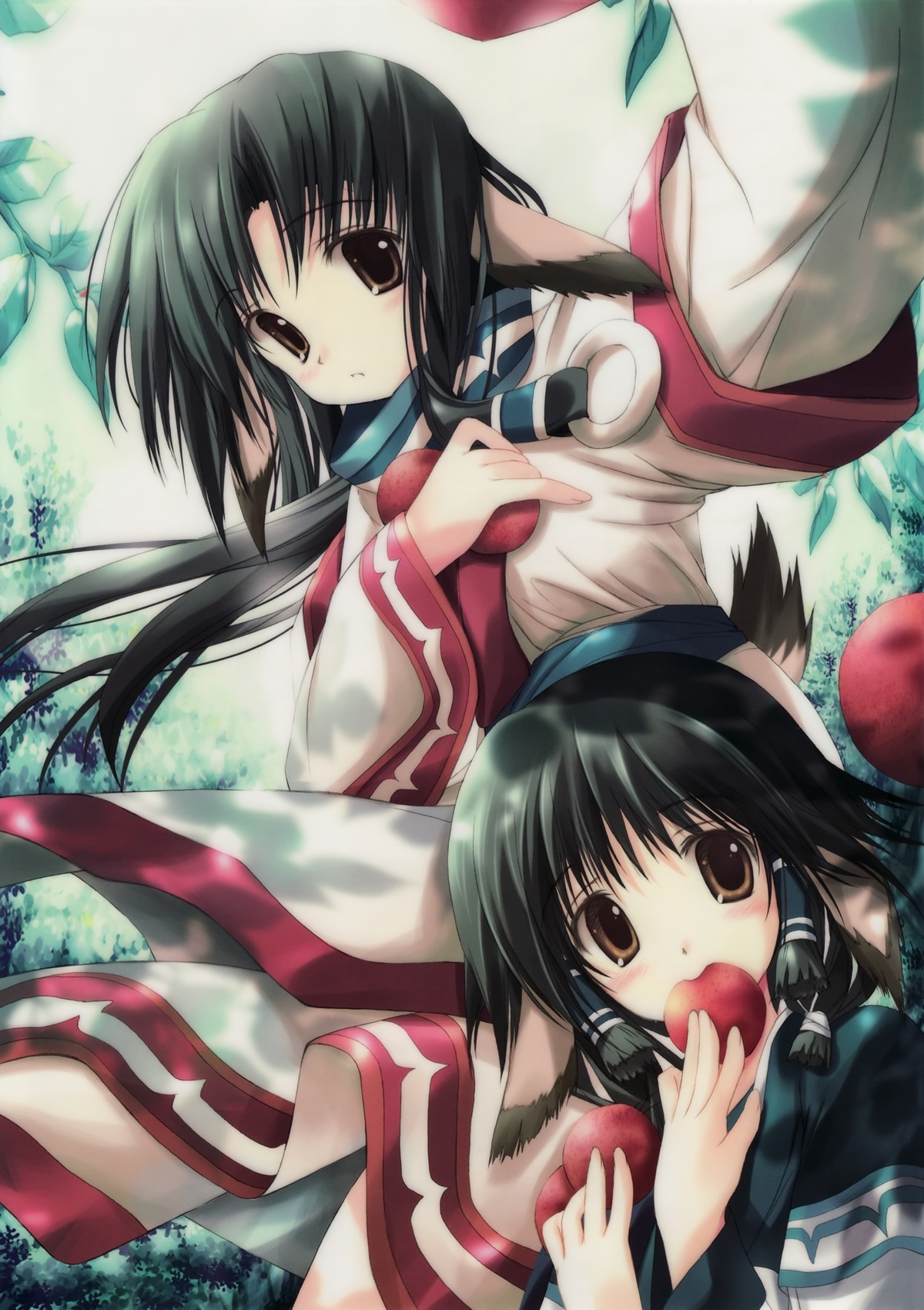animal_ear apple aruru_(utawarerumono) black_hair dog_ear eruru_(utawarerumono) female food fruit high_resolution holding holding_apple holding_fruit inumimi japanese_clothes long_hair multiple_females multiple_girls rule34 short_hair siblings sisters tail tenmu_shinryuusai utawarerumono