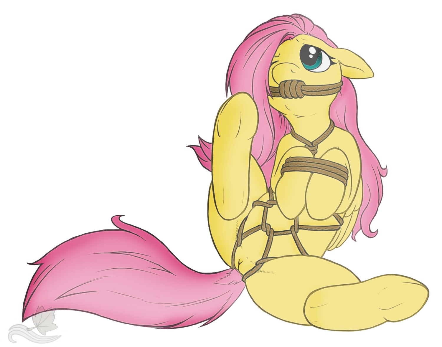 bencoon e621 equid equine feathered_wings feathers female feral fluttershy_(mlp) friendship_is_magic genitals hair hasbro hi_res mammal my_little_pony mythological_creature mythological_equine mythology pegasus pink_hair quadruped rope solo tail vulva wings yellow_body yellow_feathers