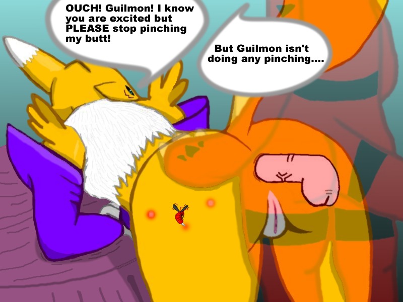 2011 4:3 all_fours anal anthro arthropod ass_up bandai_namco bee_sting bent_over black_sclera bsting butt canid canine digimon digimon_(species) duo e621 english_text female fur genitals guilmon hymenopteran insect interspecies male male/female mammal renamon scalie standing sting tail text vulva wasp white_body white_fur yellow_body yellow_fur