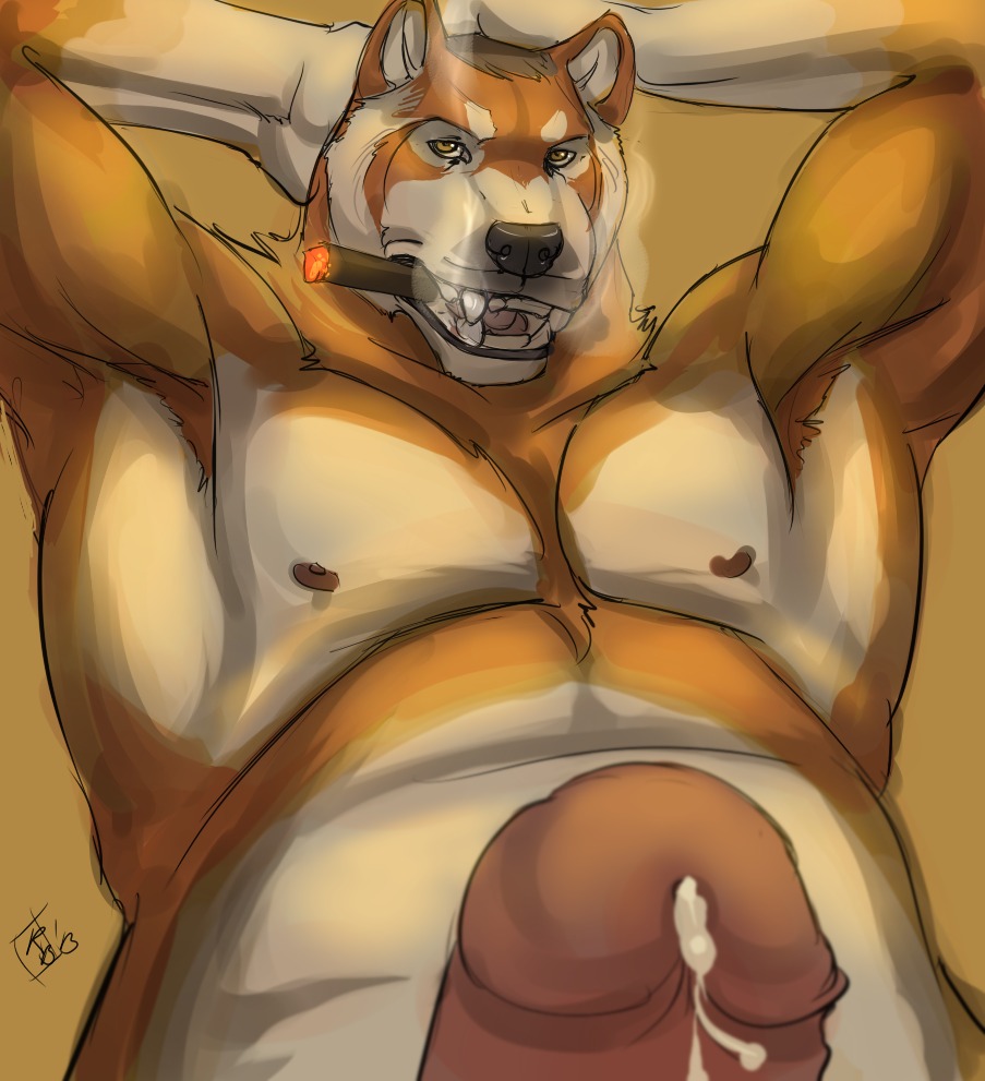 2013 anthro armpit_hair bodily_fluids body_hair canid canine canis cigar cum e621 erection fur genital_fluids genitals humanoid_genitalia humanoid_penis looking_at_viewer low-angle_view male mammal nude penis penis_towards_viewer rrowdybeast slightly_chubby smoke smoking solo wolf