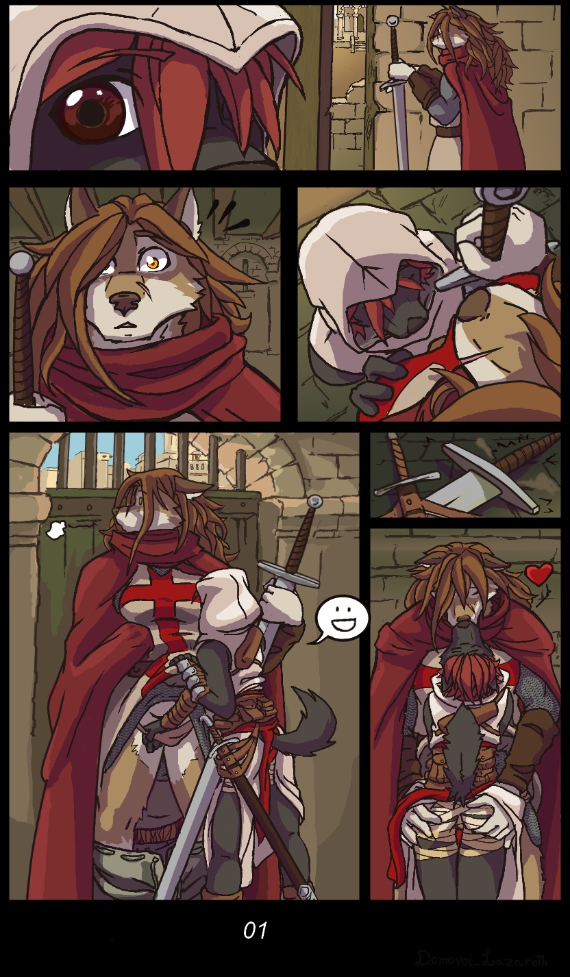 :d anthro assassin assassin's_creed bandage bo_(domovoi_lazaroth) breast_grab breasts brown_hair butt butt_grab canid canine canis clothing clothing_pull comic digital_media_(artwork) domovoi_lazaroth duo e621 female female/female hair hand_on_breast hand_on_butt heart_symbol hi_res kissing luna_(domovoi_lazaroth) mammal melee_weapon panties panty_pull raised_tail red_eyes red_hair shaded smile sneaky sword tail templar ubisoft underwear underwear_pull weapon wolf