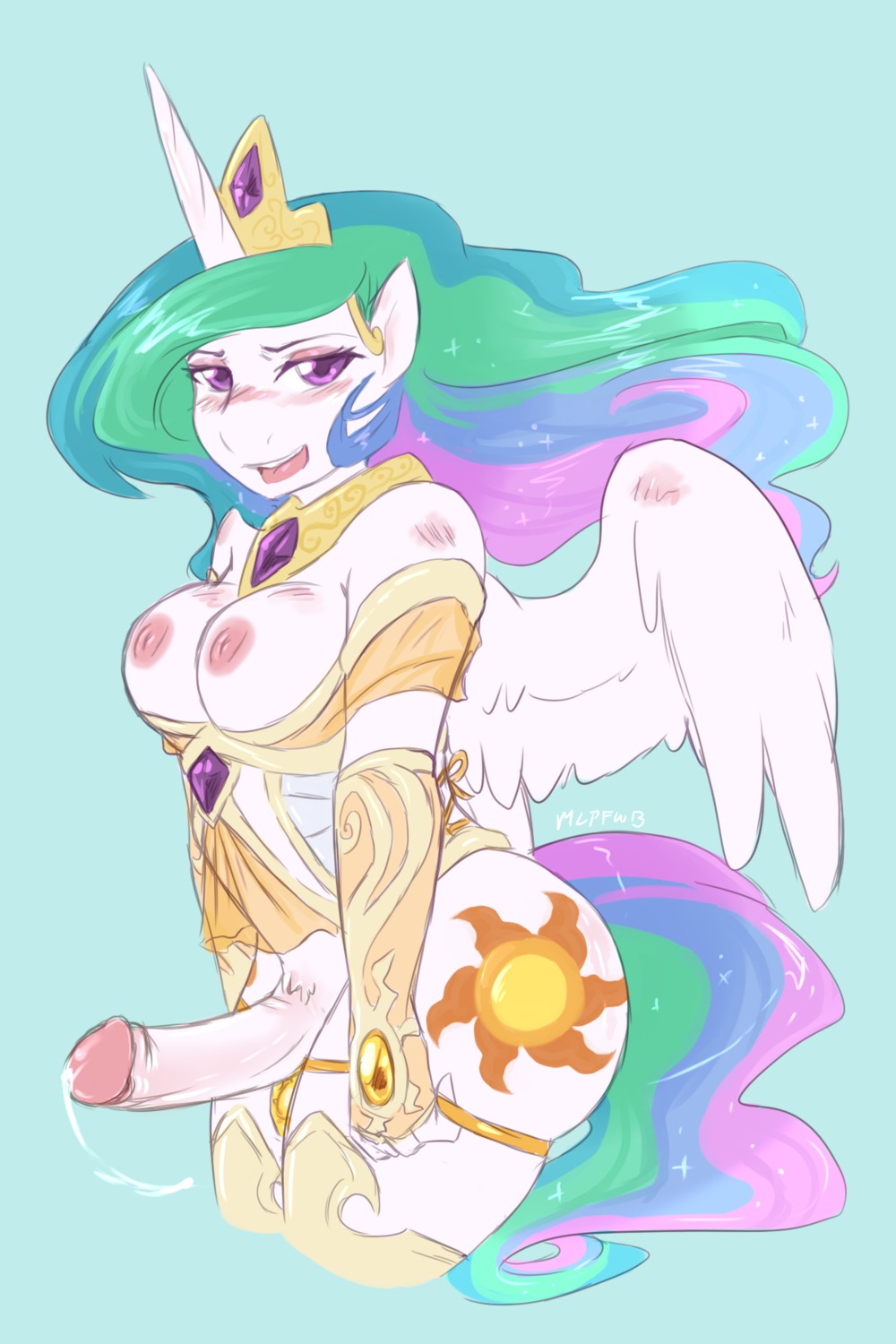 2:3 amethyst_(gem) amethyst_necklace anthro anthrofied aries84 blue_background bodily_fluids breasts choker clothed clothing crossgender crown cum cutie_mark e621 equid equine erection feathered_wings feathers fluffy fluffy_hair fluffy_tail friendship_is_magic ftg_crossgender fti_crossgender gem genital_fluids genitals gold_(metal) gold_choker gold_crown gold_jewelry gold_necklace gold_tiara gynomorph hair hasbro headgear hi_res horn intersex jewelry long_hair long_tail mammal mature_anthro mature_gynomorph mature_intersex multicolored_hair multicolored_tail my_little_pony mythological_creature mythological_equine mythology necklace nipples panties panties_down partially_clothed penis princess princess_celestia_(mlp) rainbow_hair royalty simple_background skimpy solo tail tiara underwear underwear_down white_body white_feathers winged_unicorn wings