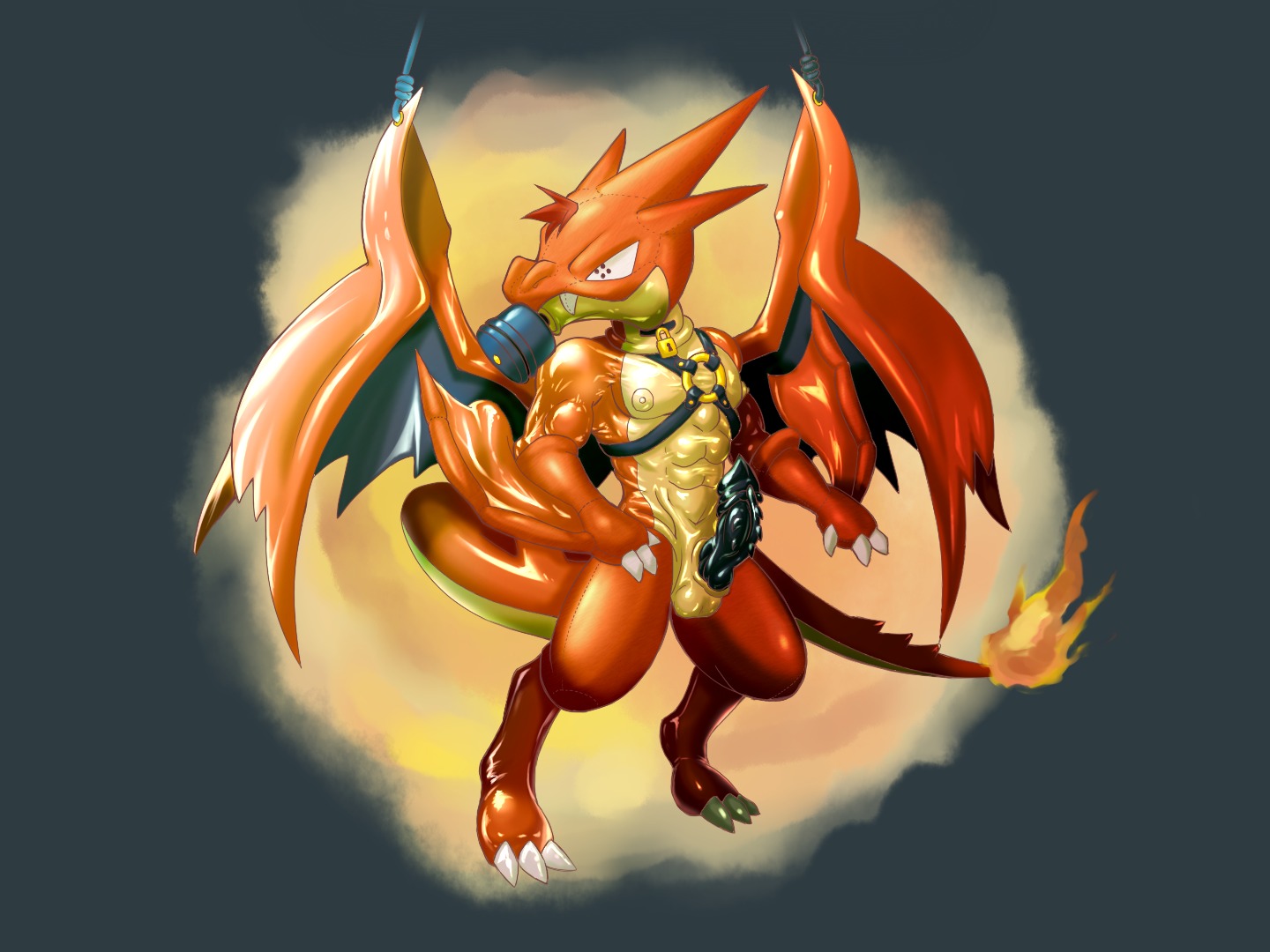 4:3 alternate_version_at_source anthro balls bdsm biped black_eyes black_penis bondage bound claws clothing costume dragon e621 erection feet fire fursuit generation_6_pokemon genitals glistening grey_background hair happy latex lizaosan lizard male mask mega_charizard mega_charizard_y mega_evolution membrane_(anatomy) membranous_wings muscular muscular_anthro muscular_male mythological_creature mythological_scalie mythology nintendo nipples nude orange_body orange_hair orange_nose orange_skin pecs penis pokemon pokemon_(species) pokemon_costume red_hair reptile scalie shadow sharp_teeth short_hair simple_background smile solo standing submissive submissive_male suit tail teal_body teal_skin teeth toe_claws wings