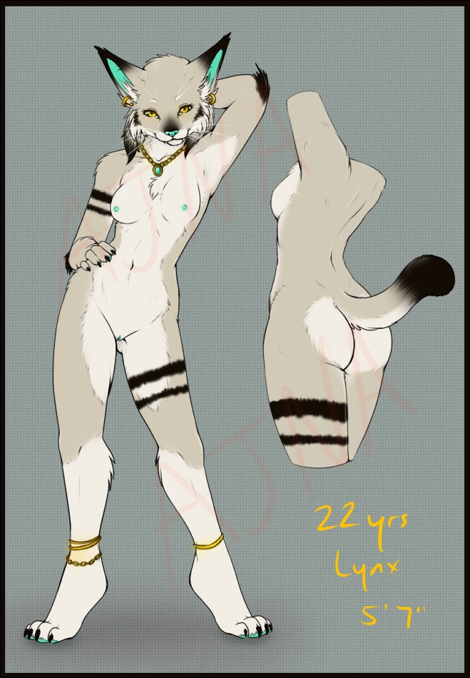 ajna anklet anthro azalea_(ajna) biped black_border border breasts casual_nudity chest_tuft claws digital_media_(artwork) digitigrade distracting_watermark e621 ear_piercing fangs felid feline female fur genitals jewelry looking_at_viewer lynx mammal necklace nipples nude piercing solo standing tail teeth toe_claws tuft vulva watermark whiskers white_body white_fur