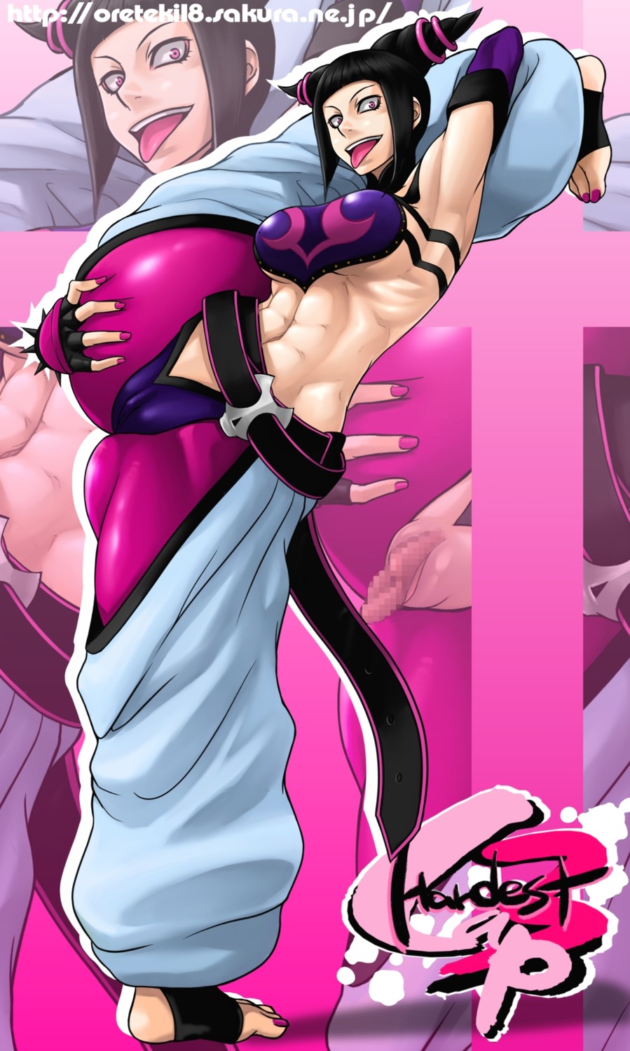 abs baggy_pants barefoot belt black_hair capcom censored elbow_gloves female female_only fingerless_gloves gloves highres human juri_han leg_up no_bra open_mouth oreteki pink_toenails purple_eyes pussy rule34 short_hair solo straight_hair street_fighter street_fighter_iv super_street_fighter_iv tongue