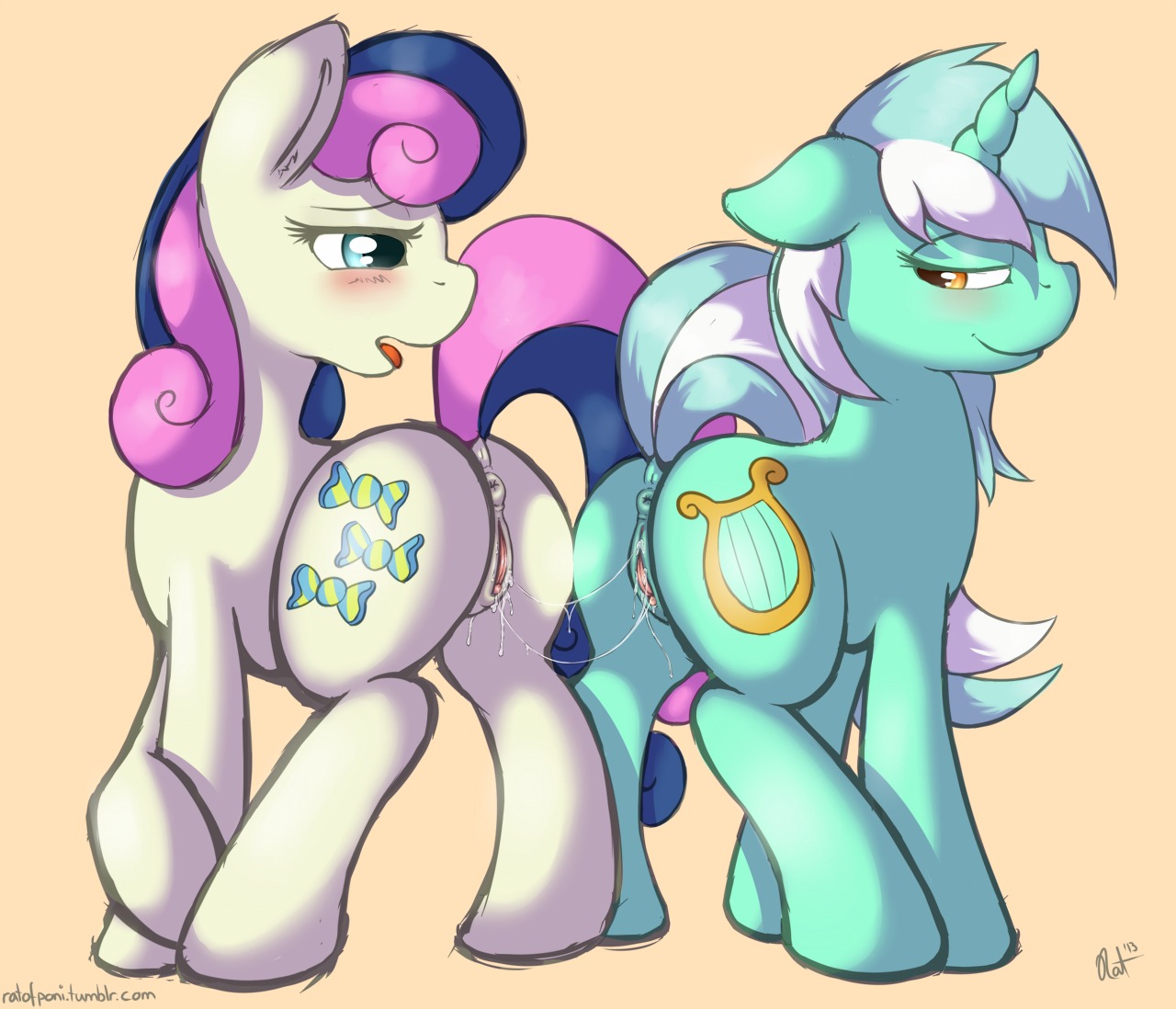 2013 amber_eyes anus blue_body blue_fur blush bodily_fluids bonbon_(mlp) butt clitoral_winking clitoris cutie_mark digital_media_(artwork) duo e621 earth_pony equid equine female female/female feral friendship_is_magic fur genital_fluids genitals green_eyes hair half-closed_eyes hasbro horn horse looking_back lyra_heartstrings_(mlp) mammal multicolored_hair my_little_pony mythological_creature mythological_equine mythology narrowed_eyes open_mouth orange_background pony raised_tail ratofdrawn signature simple_background smile tail tongue two_tone_hair unicorn vaginal_fluid_string vaginal_fluids vulva yellow_body yellow_fur