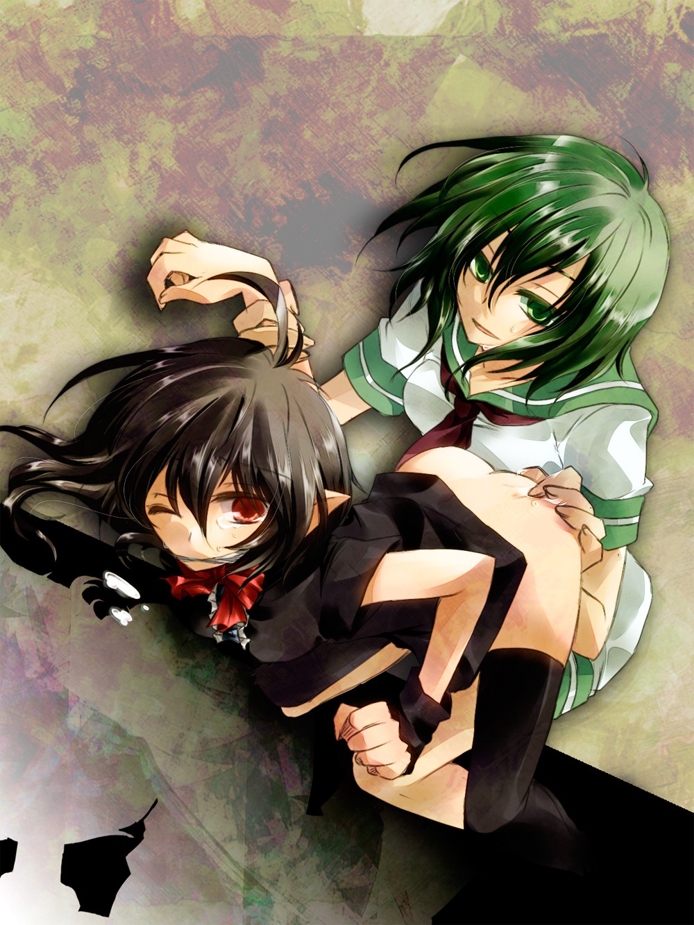all_fours ass black_hair black_legwear black_thighhighs bottomless cleave_gag dutch_angle female gag gagged green_eyes green_hair hand_on_ass highres kneeling minamitsu_murasa multiple_females multiple_girls natsume_(iravati-4u) nue_houjuu pointy_ears red_eyes rule34 sailor sailor_suit short_hair tear thighhighs touhou wince wink wrist_grab yuri